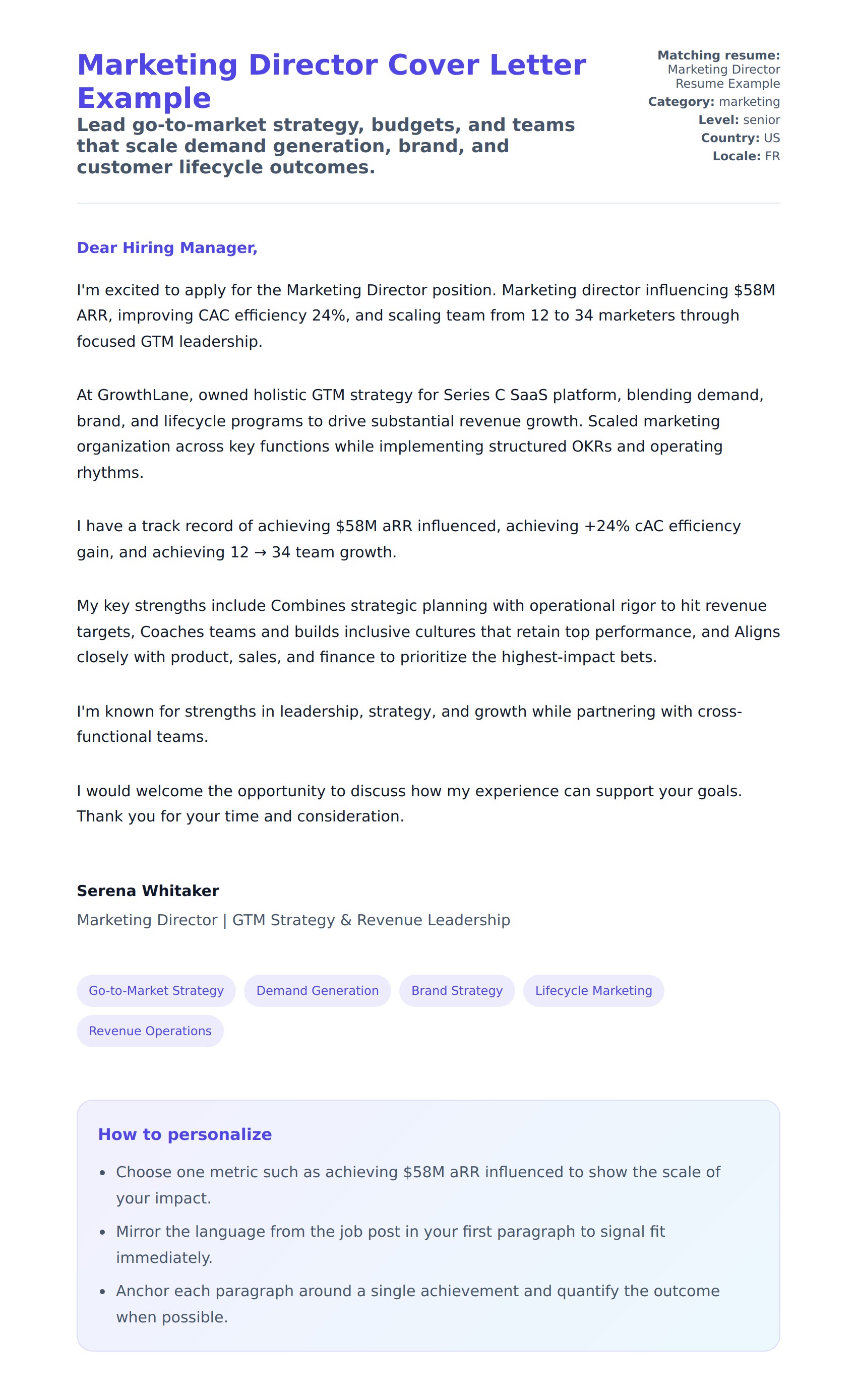 Cover Letter preview for Marketing Director Cover Letter Example