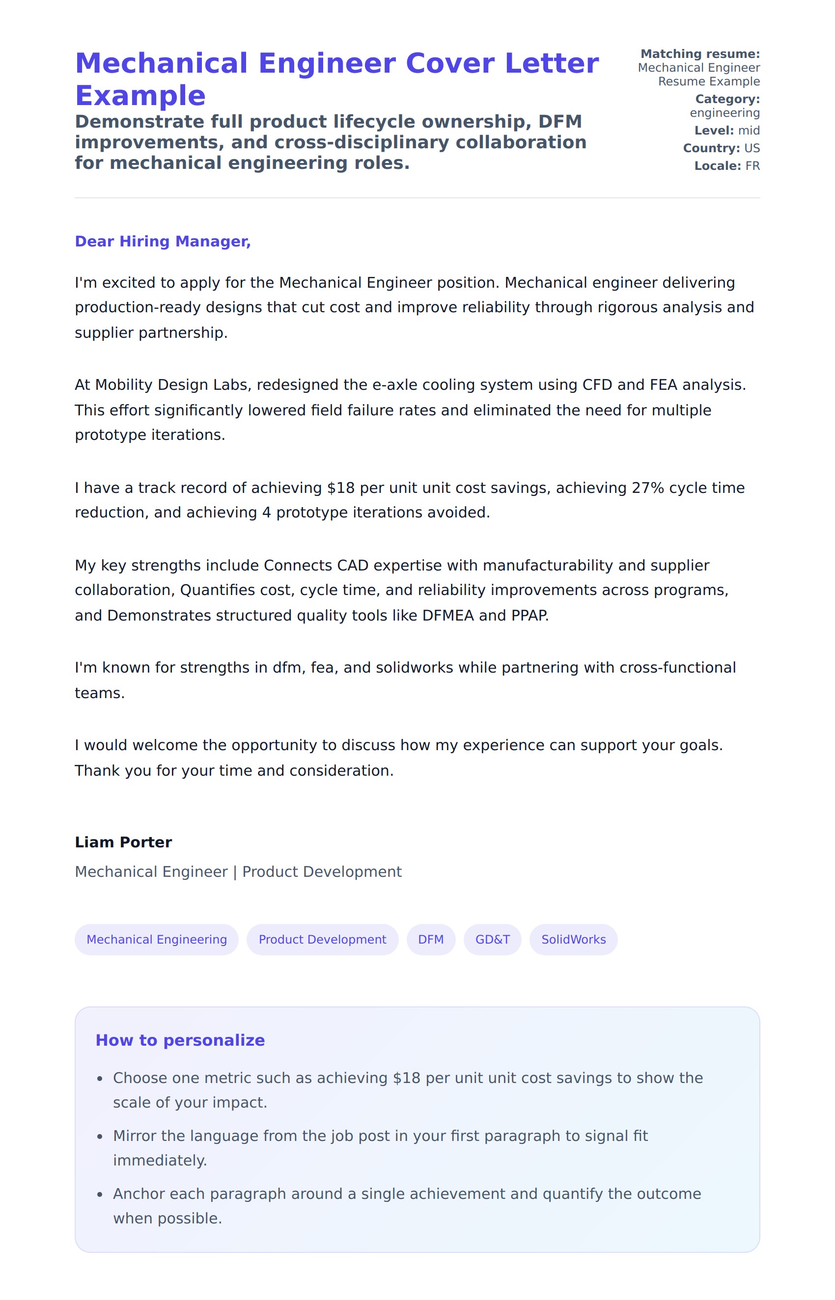 Cover Letter preview for Mechanical Engineer Cover Letter Example