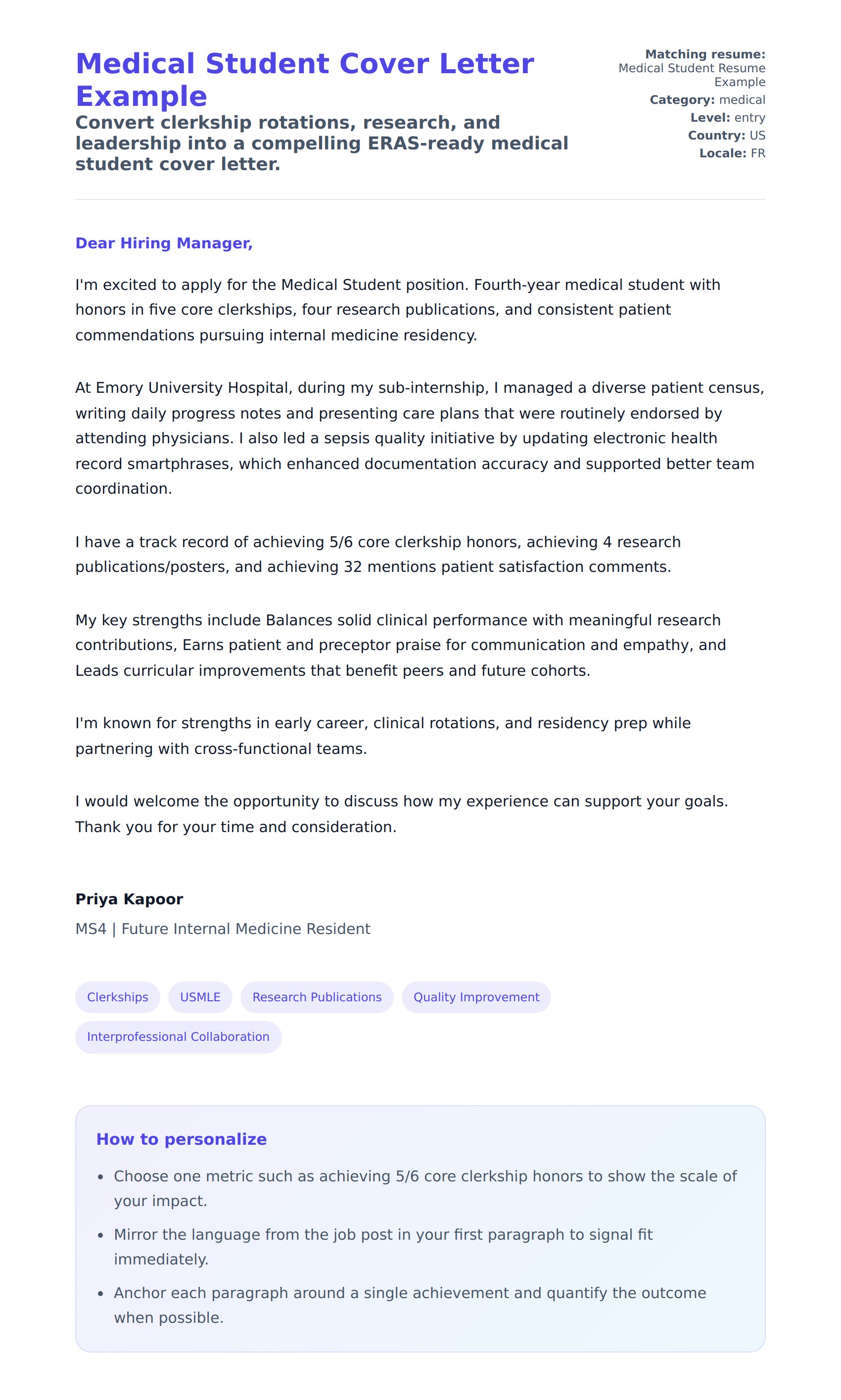 Cover Letter preview for Medical Student Cover Letter Example