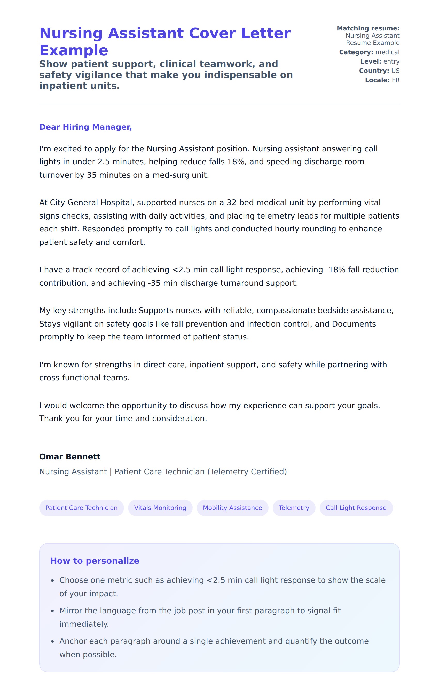 Cover Letter preview for Nursing Assistant Cover Letter Example