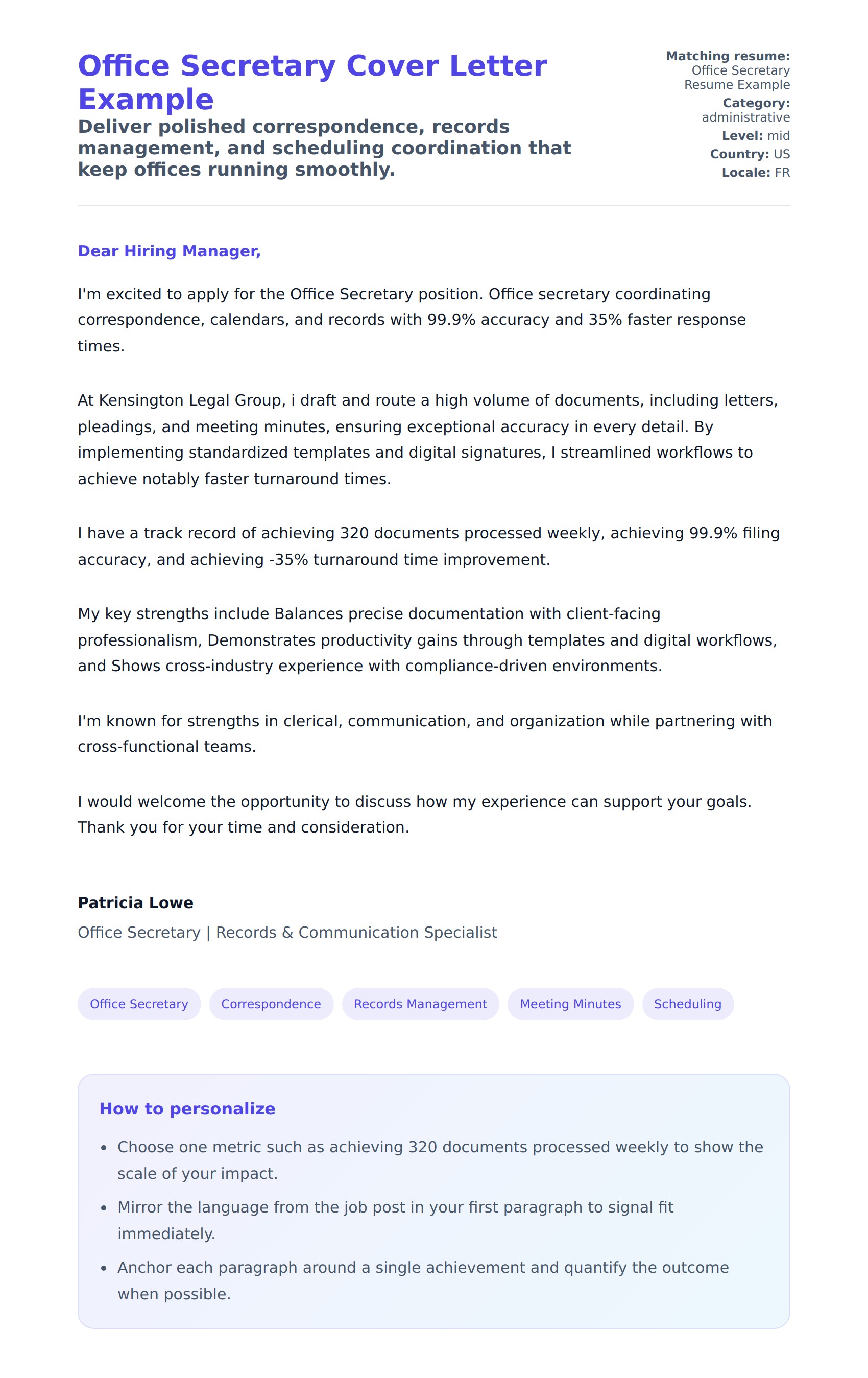 Cover Letter preview for Office Secretary Cover Letter Example