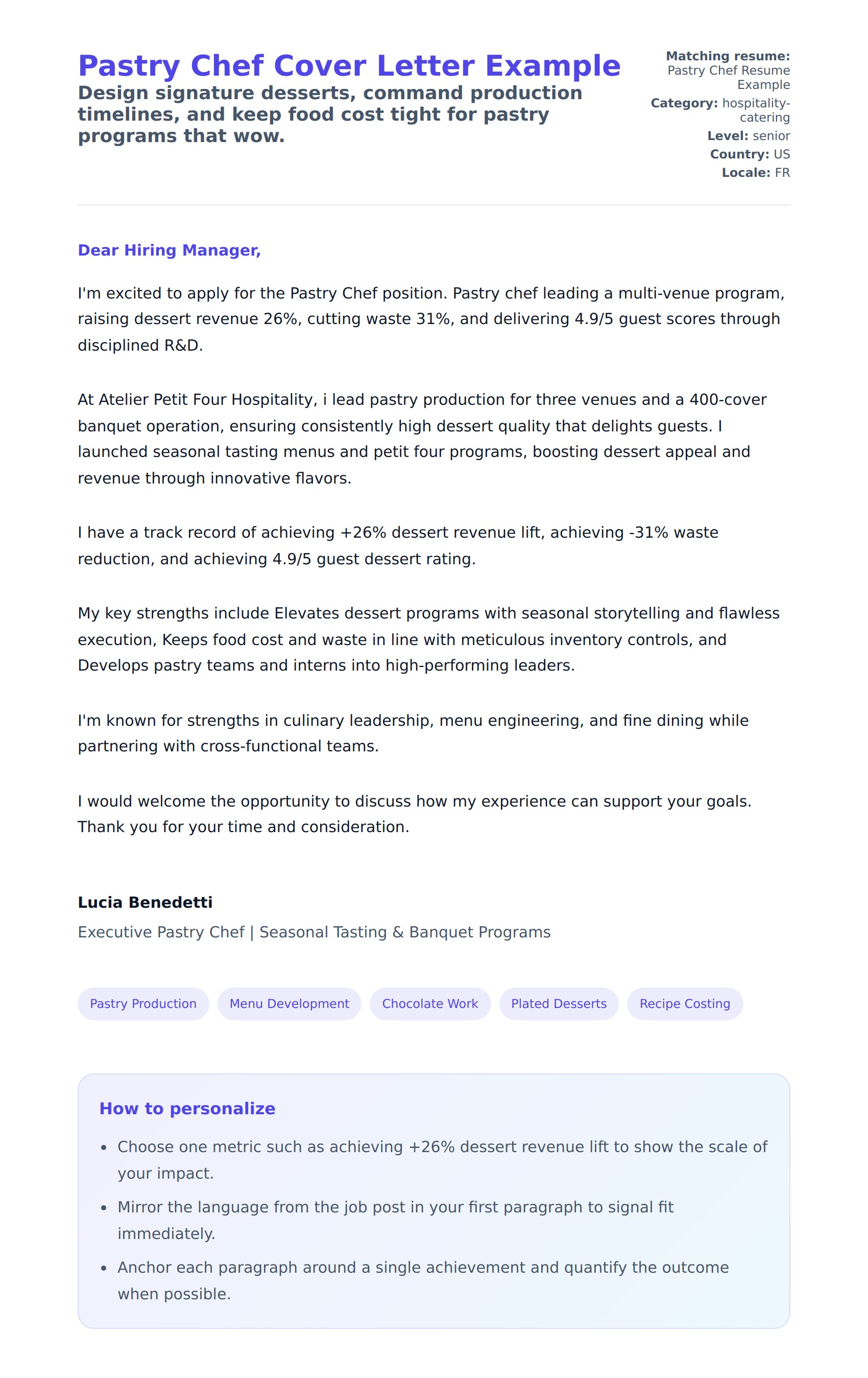 Cover Letter preview for Pastry Chef Cover Letter Example