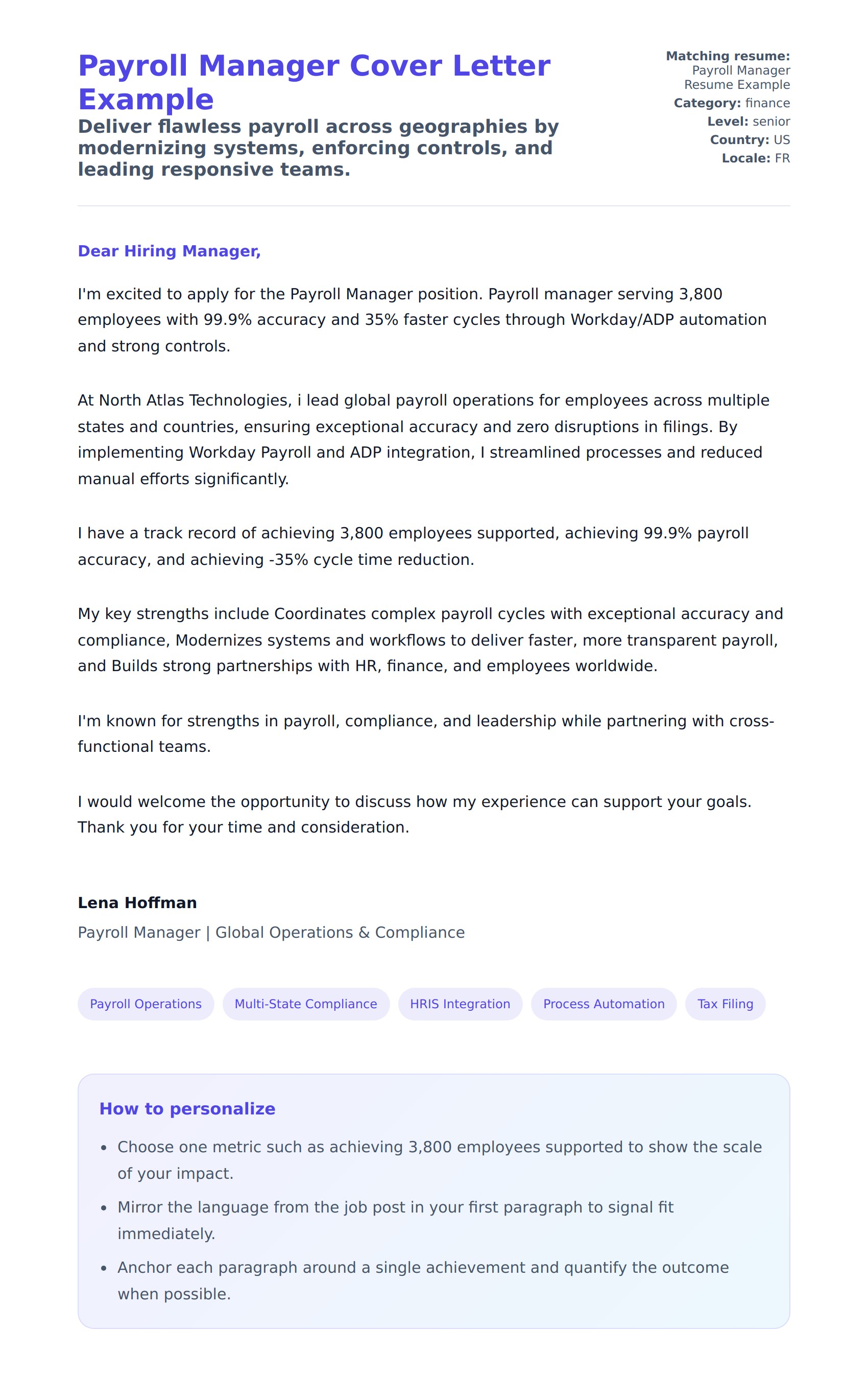 Cover Letter preview for Payroll Manager Cover Letter Example