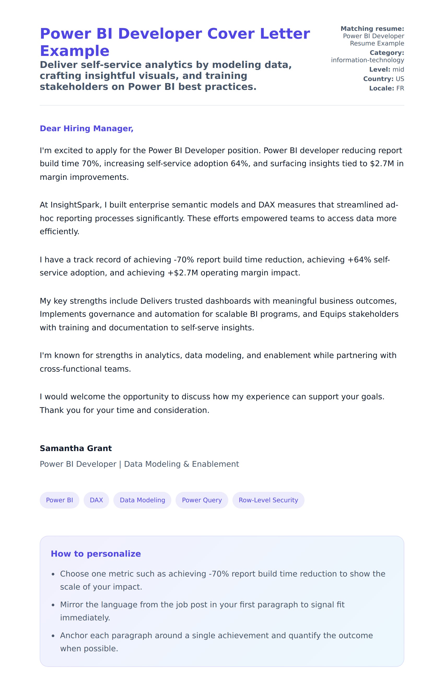 Cover Letter preview for Power BI Developer Cover Letter Example