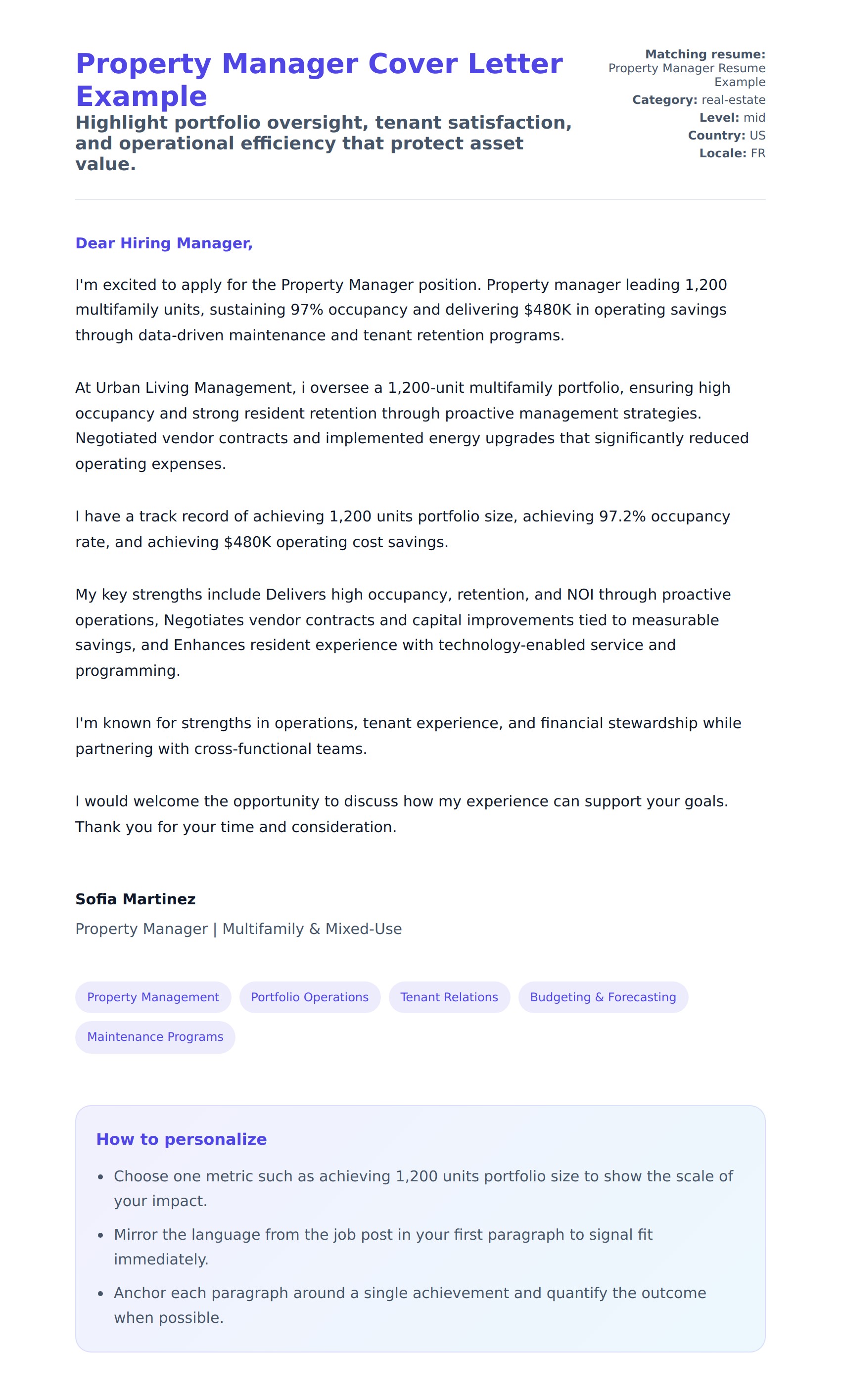 Cover Letter preview for Property Manager Cover Letter Example