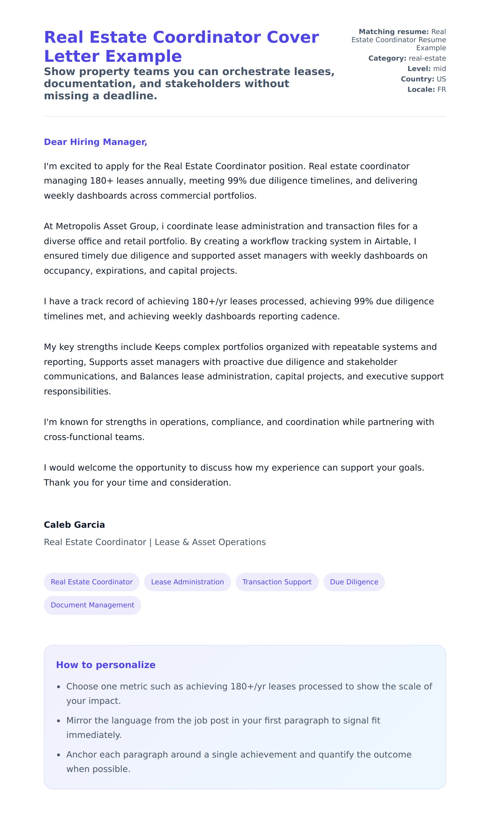 Cover Letter preview for Real Estate Coordinator Cover Letter Example