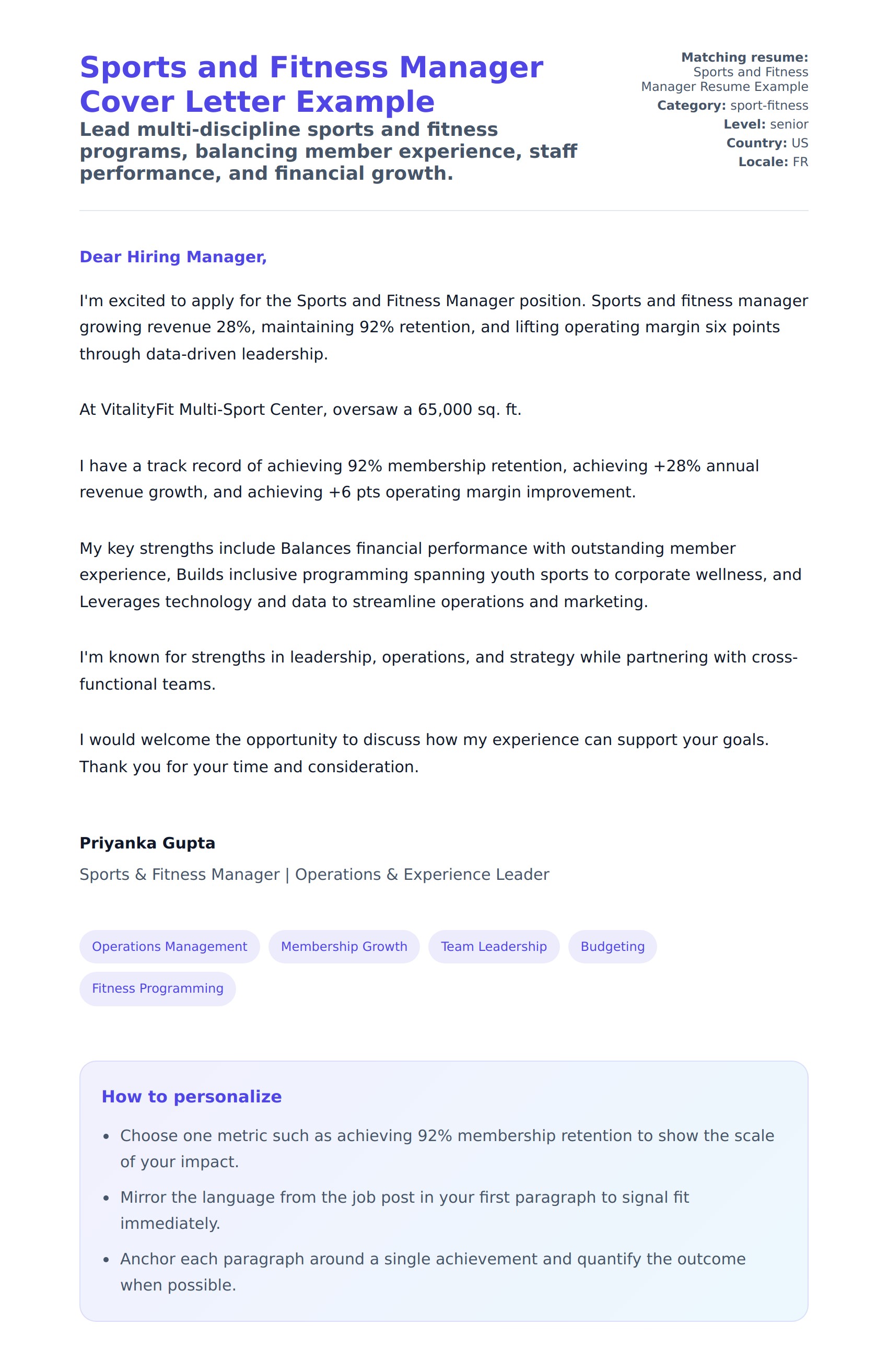 Cover Letter preview for Sports and Fitness Manager Cover Letter Example