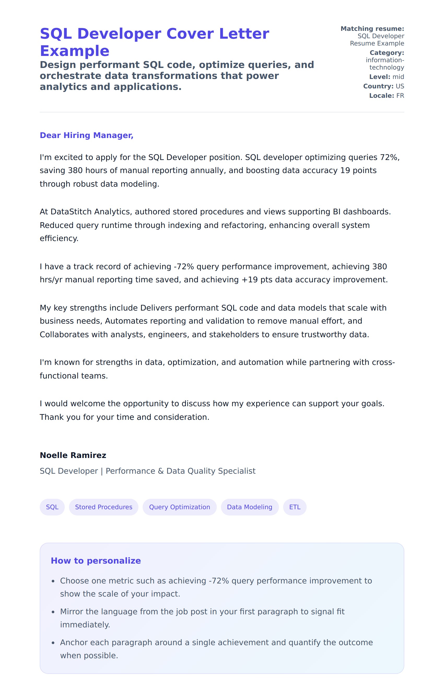Cover Letter preview for SQL Developer Cover Letter Example