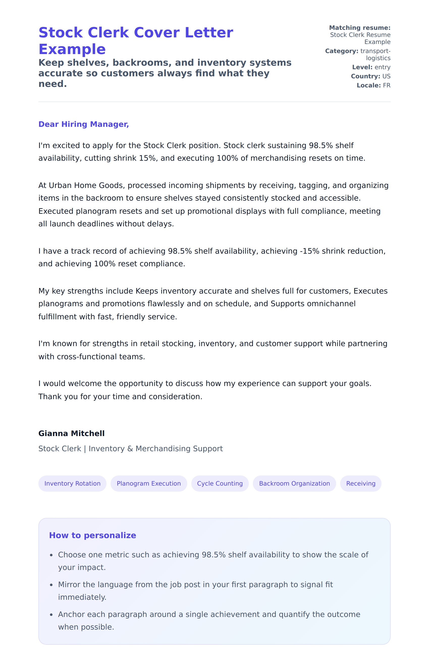Cover Letter preview for Stock Clerk Cover Letter Example