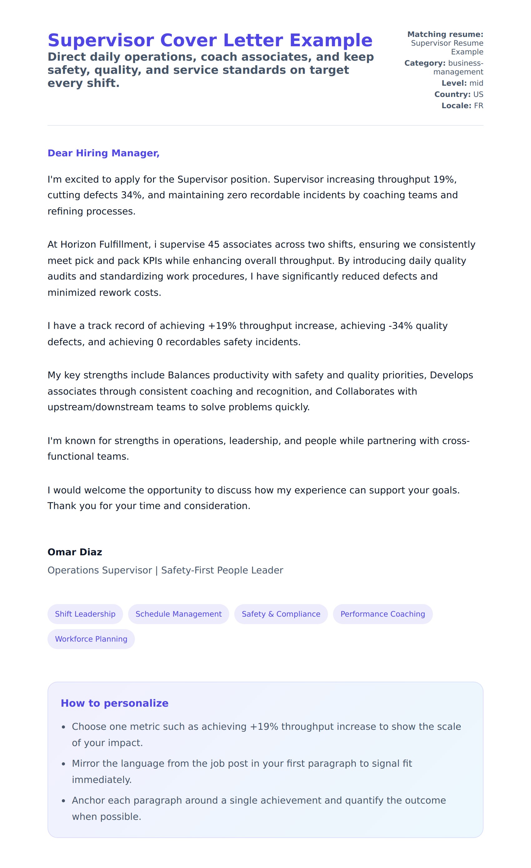 Cover Letter preview for Supervisor Cover Letter Example