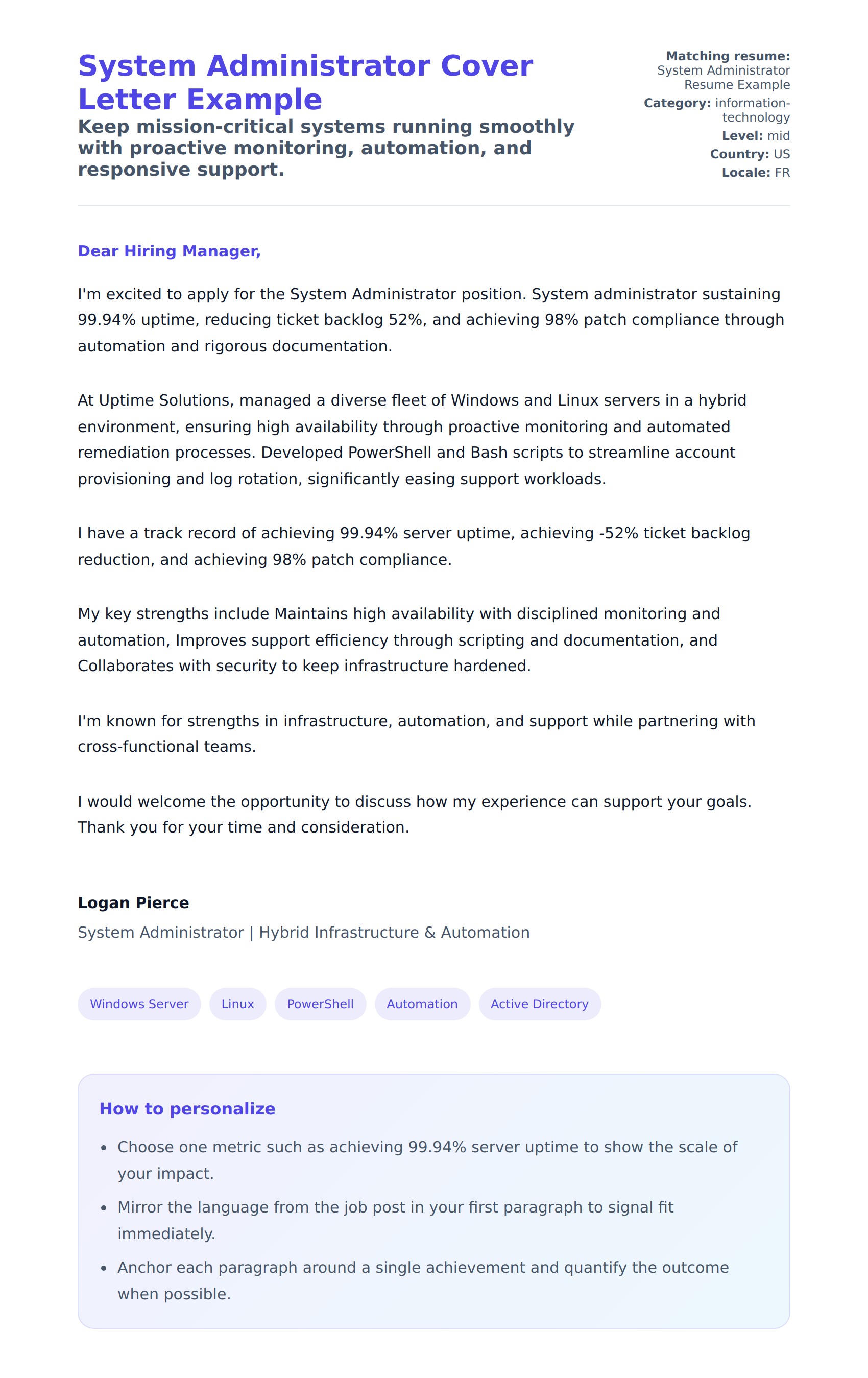 Cover Letter preview for System Administrator Cover Letter Example
