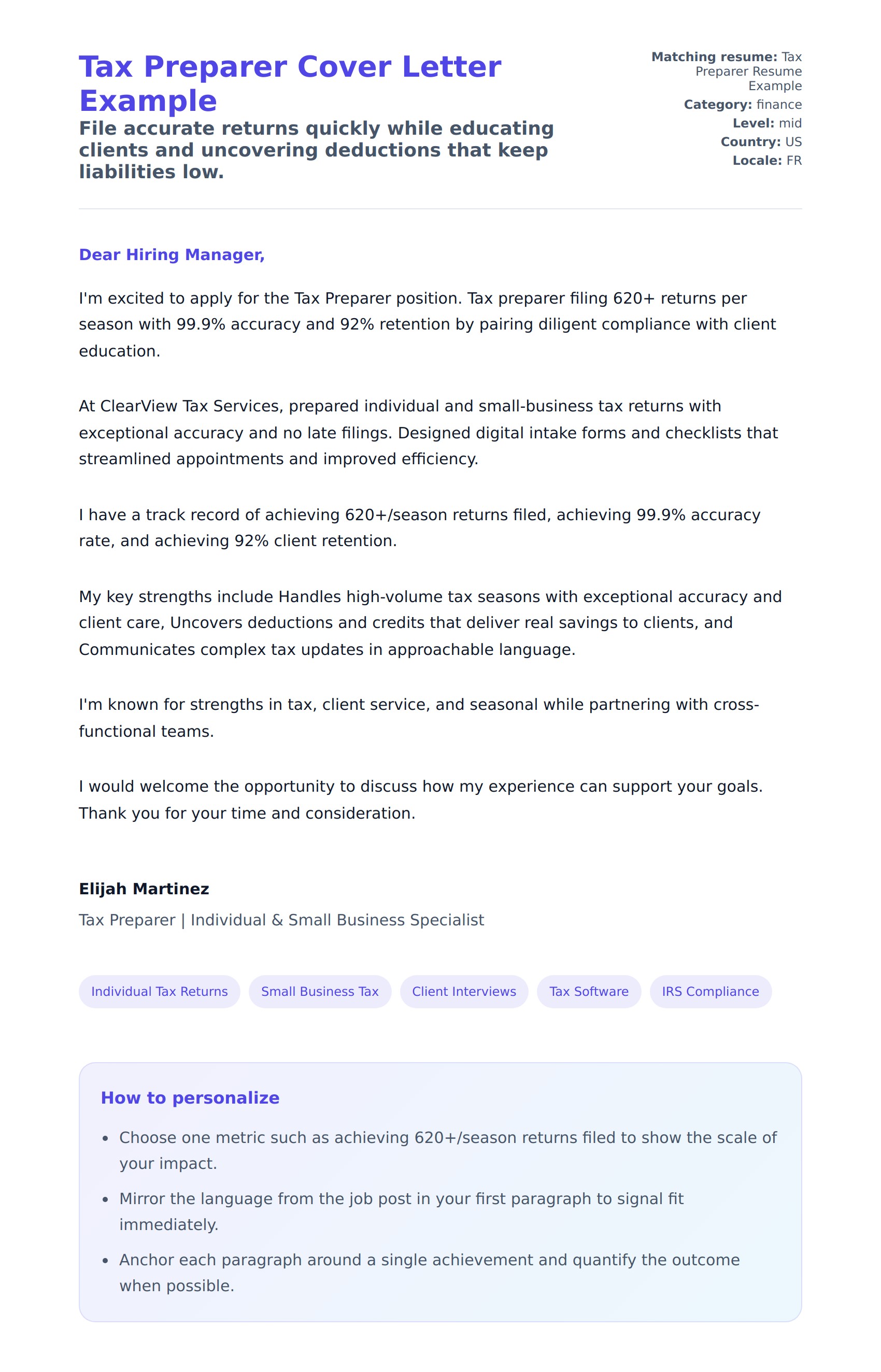 Cover Letter preview for Tax Preparer Cover Letter Example