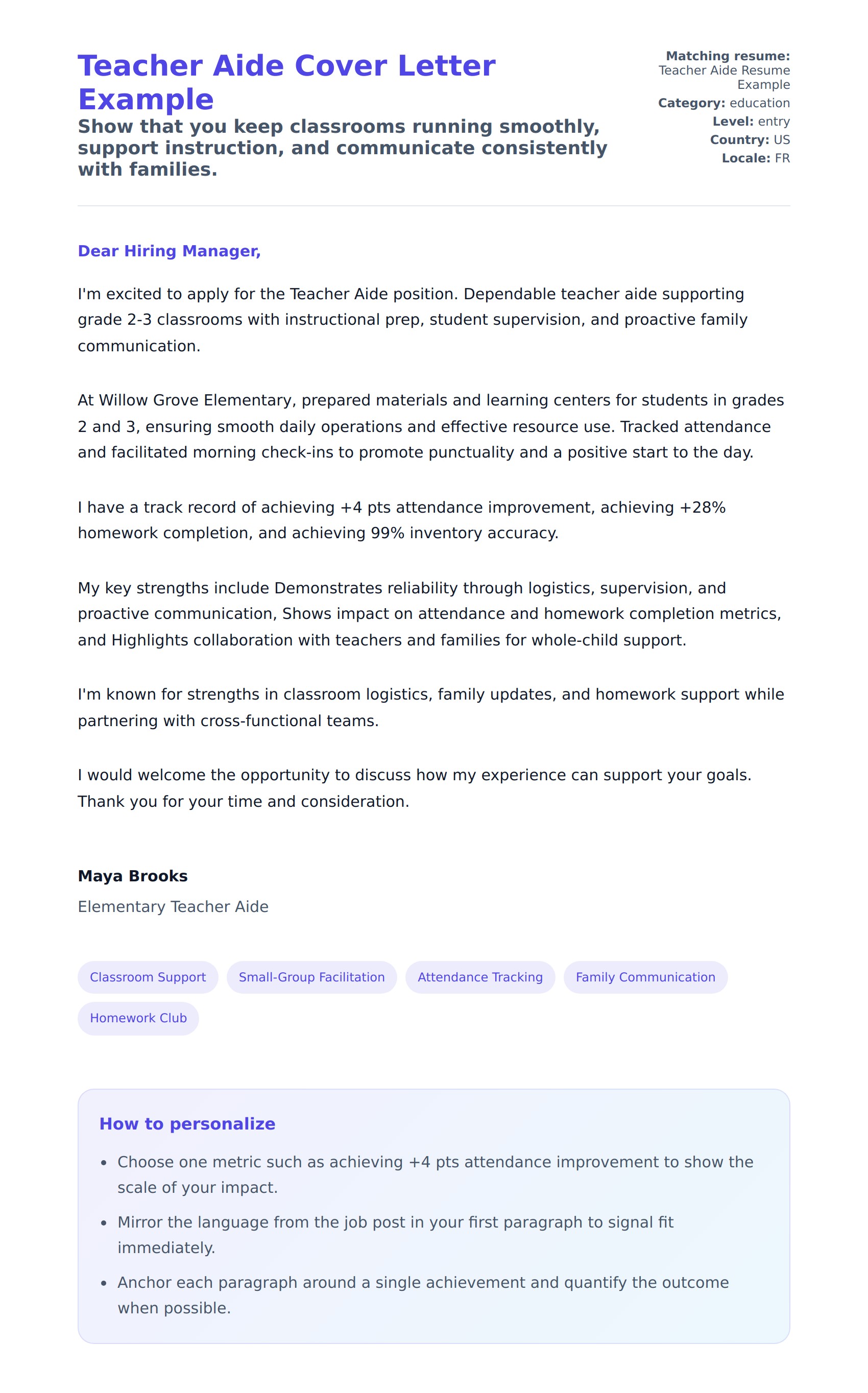 Cover Letter preview for Teacher Aide Cover Letter Example