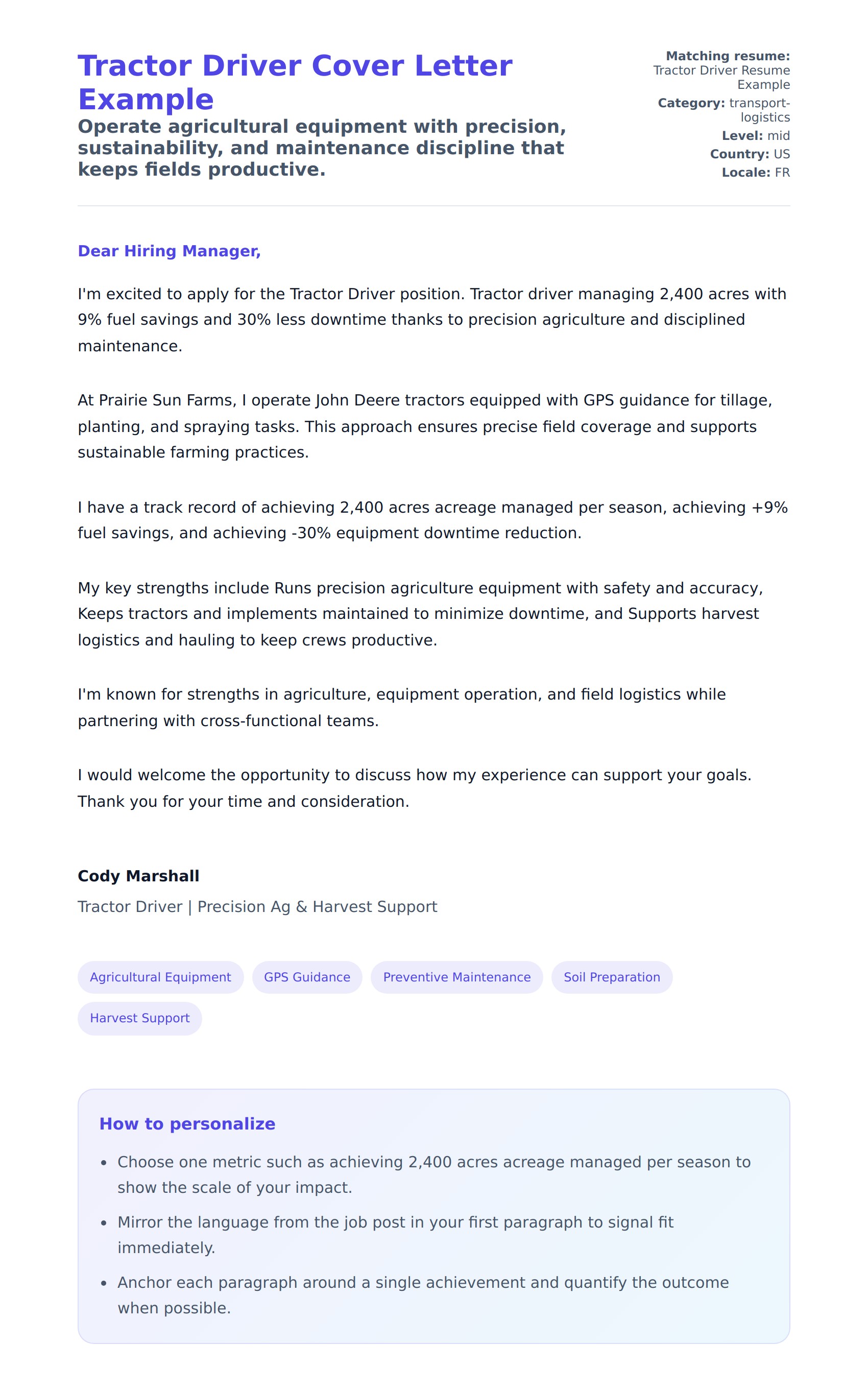 Cover Letter preview for Tractor Driver Cover Letter Example