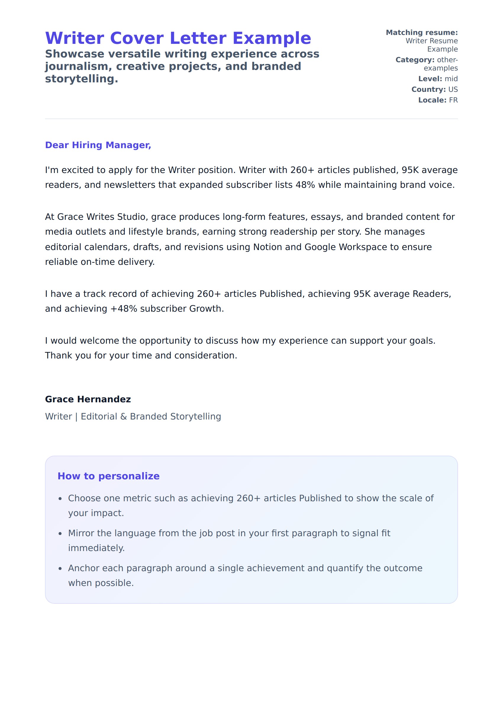 Cover Letter preview for Writer Cover Letter Example