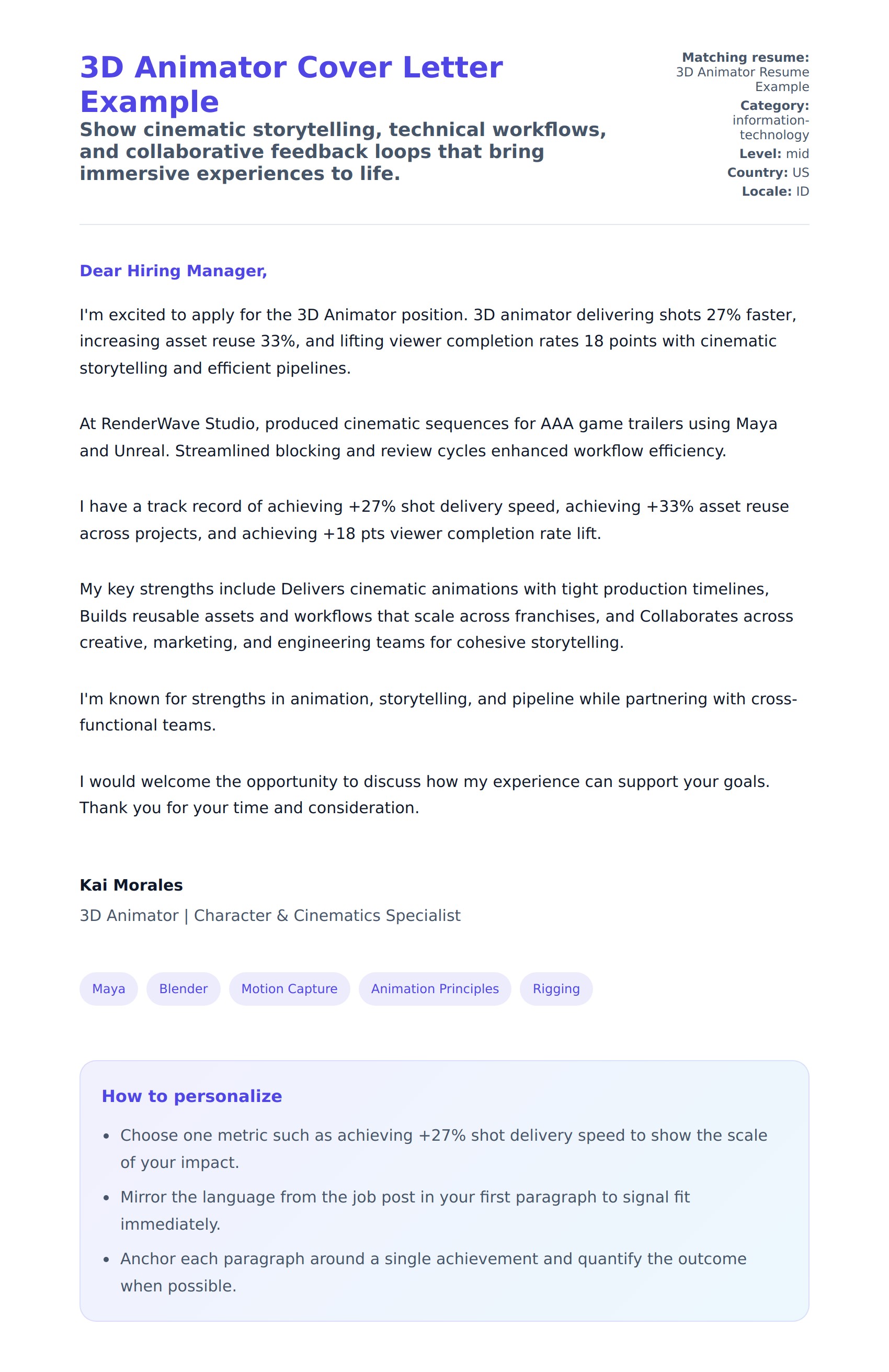 Cover Letter preview for 3D Animator Cover Letter Example