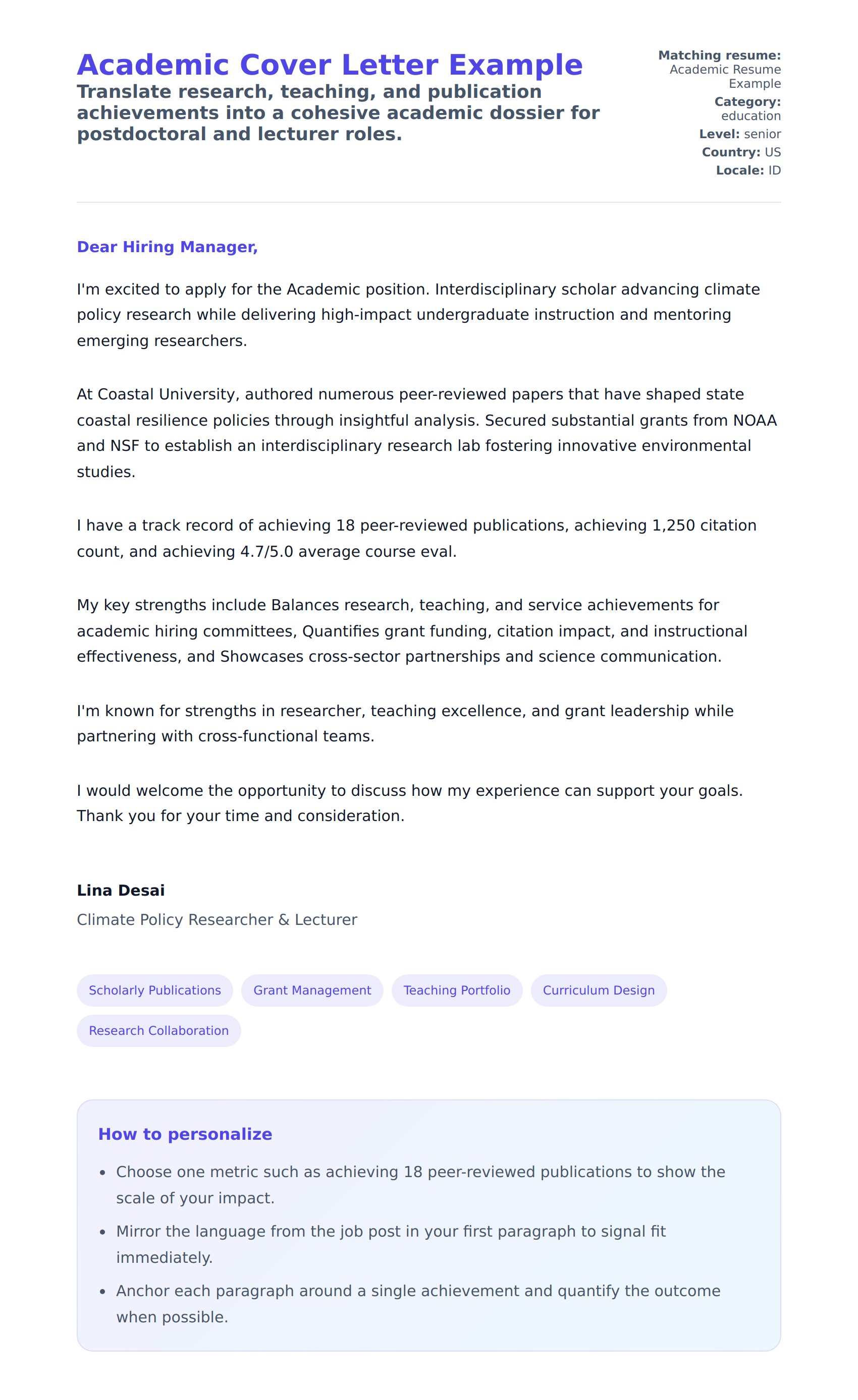 Cover Letter preview for Academic Cover Letter Example