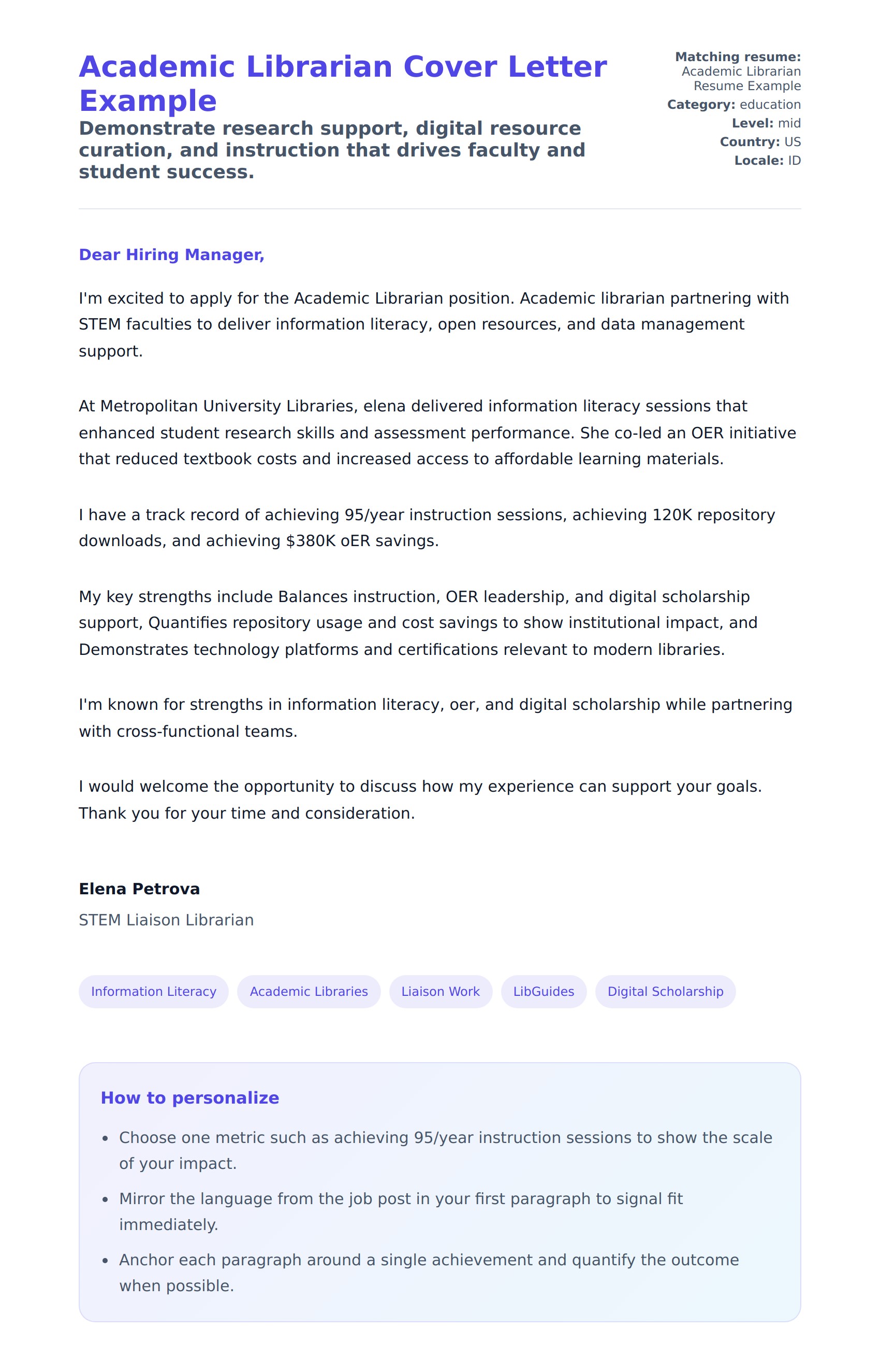 Cover Letter preview for Academic Librarian Cover Letter Example