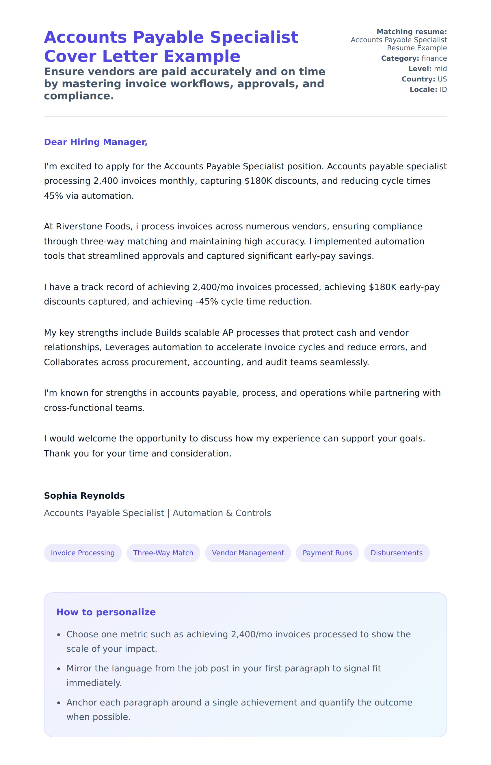 Cover Letter preview for Accounts Payable Specialist Cover Letter Example