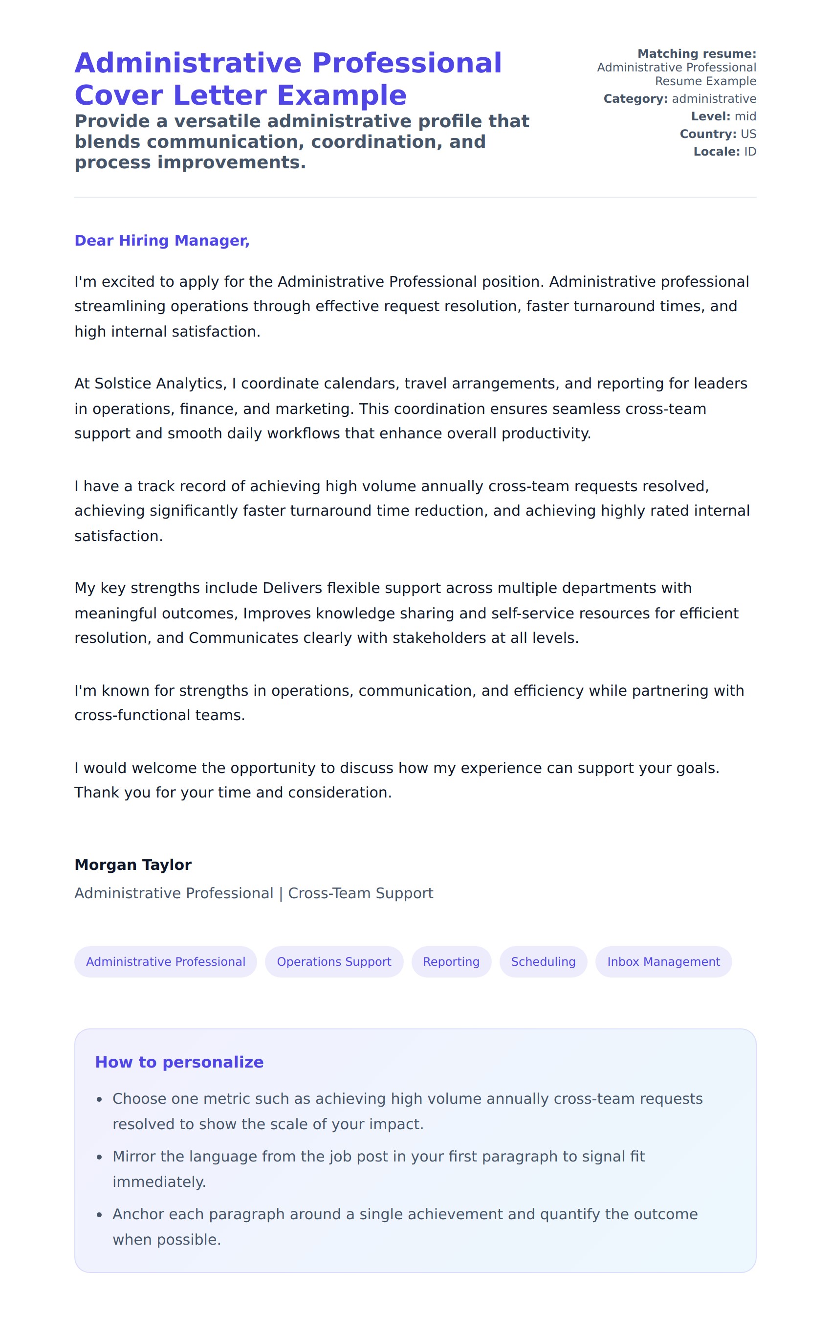 Administrative Professional Cover Letter Example