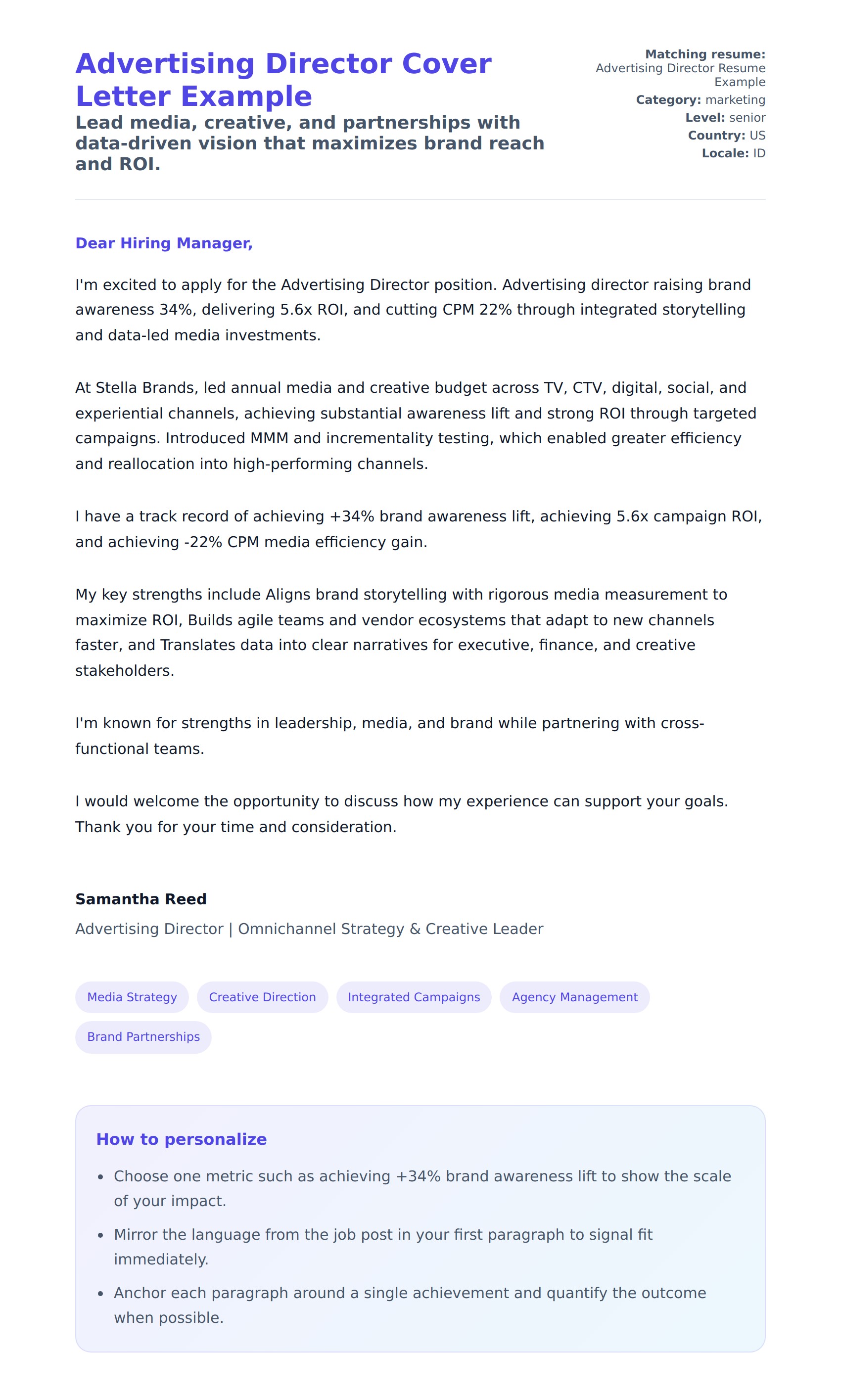 Cover Letter preview for Advertising Director Cover Letter Example