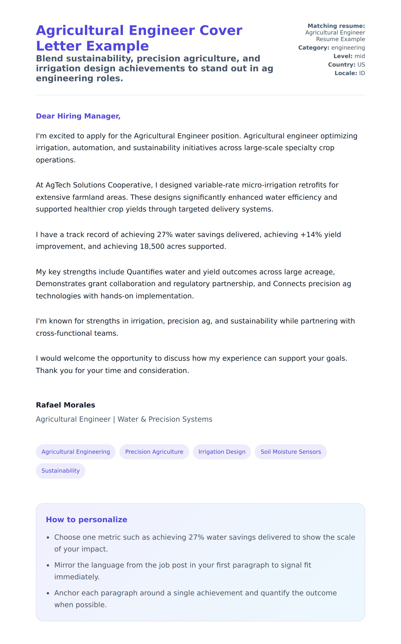 Agricultural Engineer Cover Letter Example