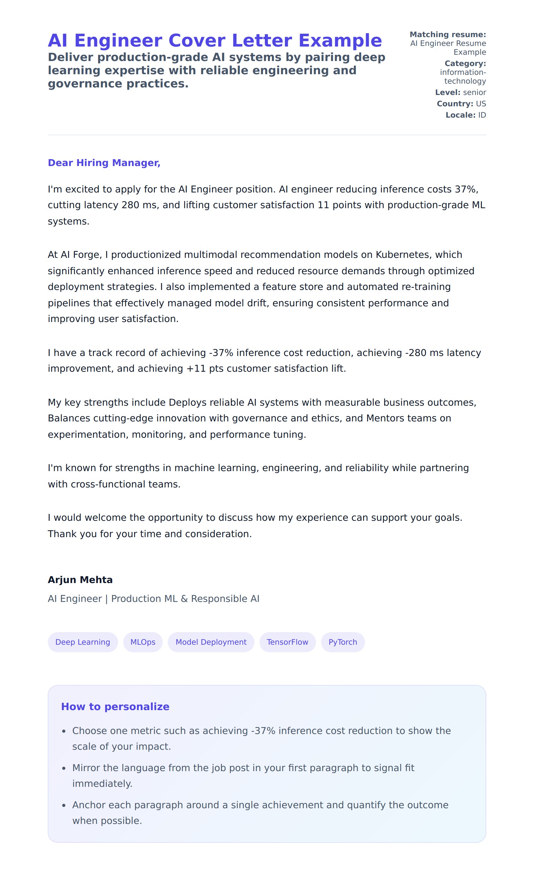 Cover Letter preview for AI Engineer Cover Letter Example