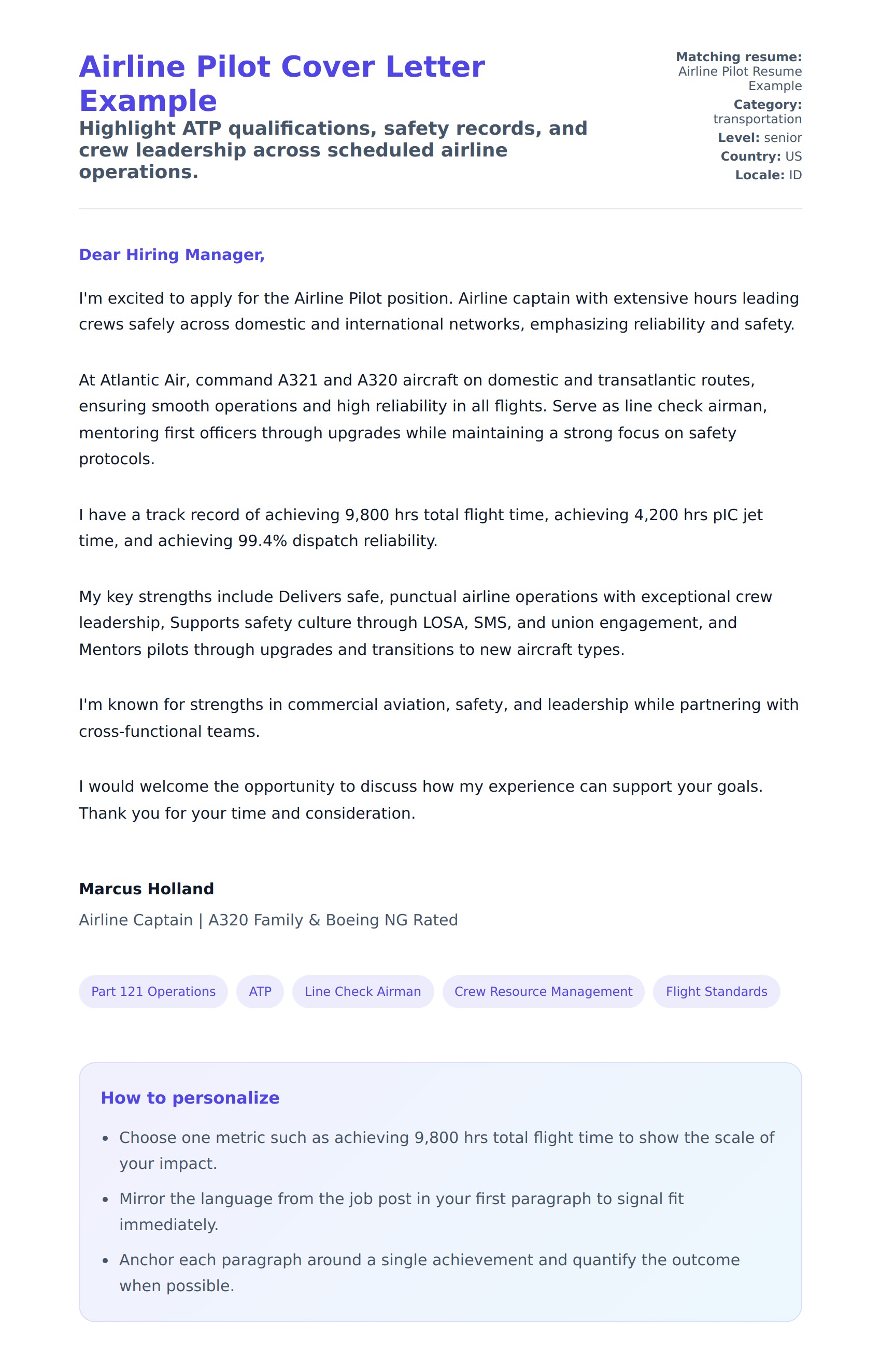Airline Pilot Cover Letter Example