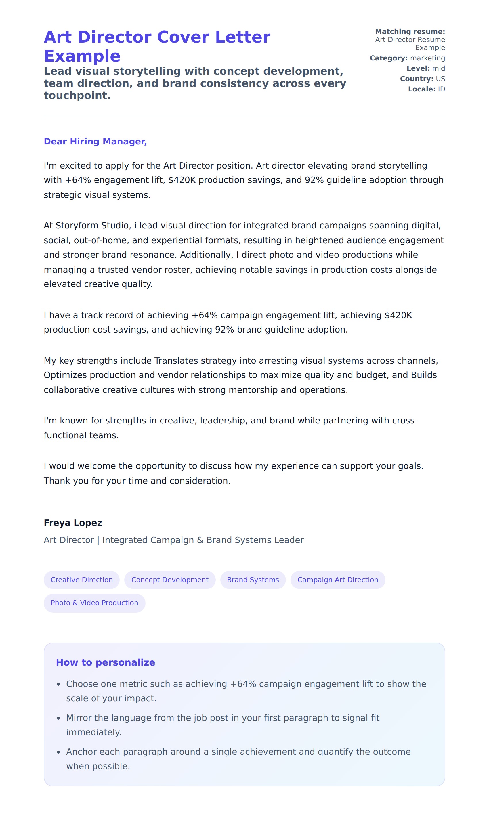 Cover Letter preview for Art Director Cover Letter Example