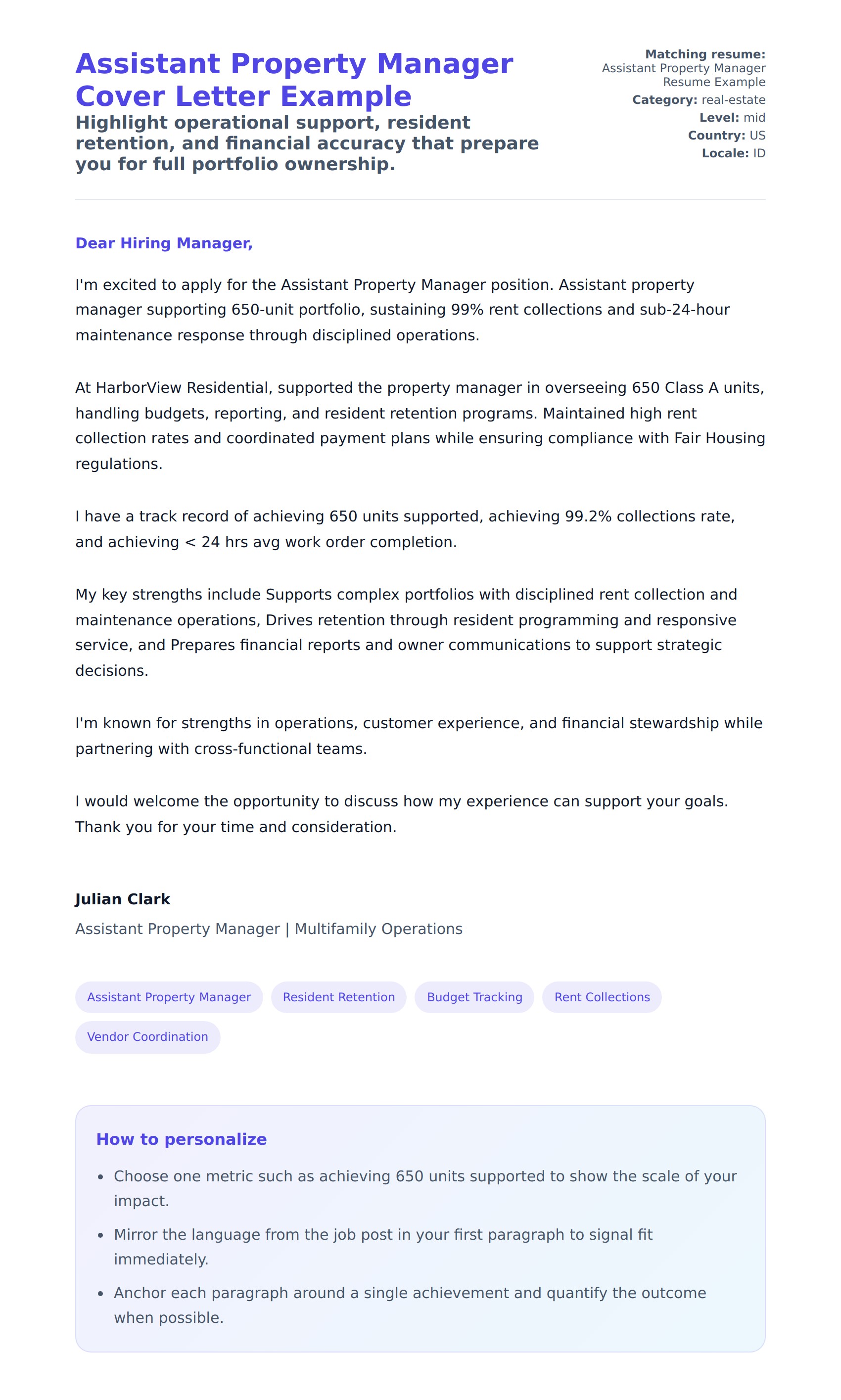 Cover Letter preview for Assistant Property Manager Cover Letter Example