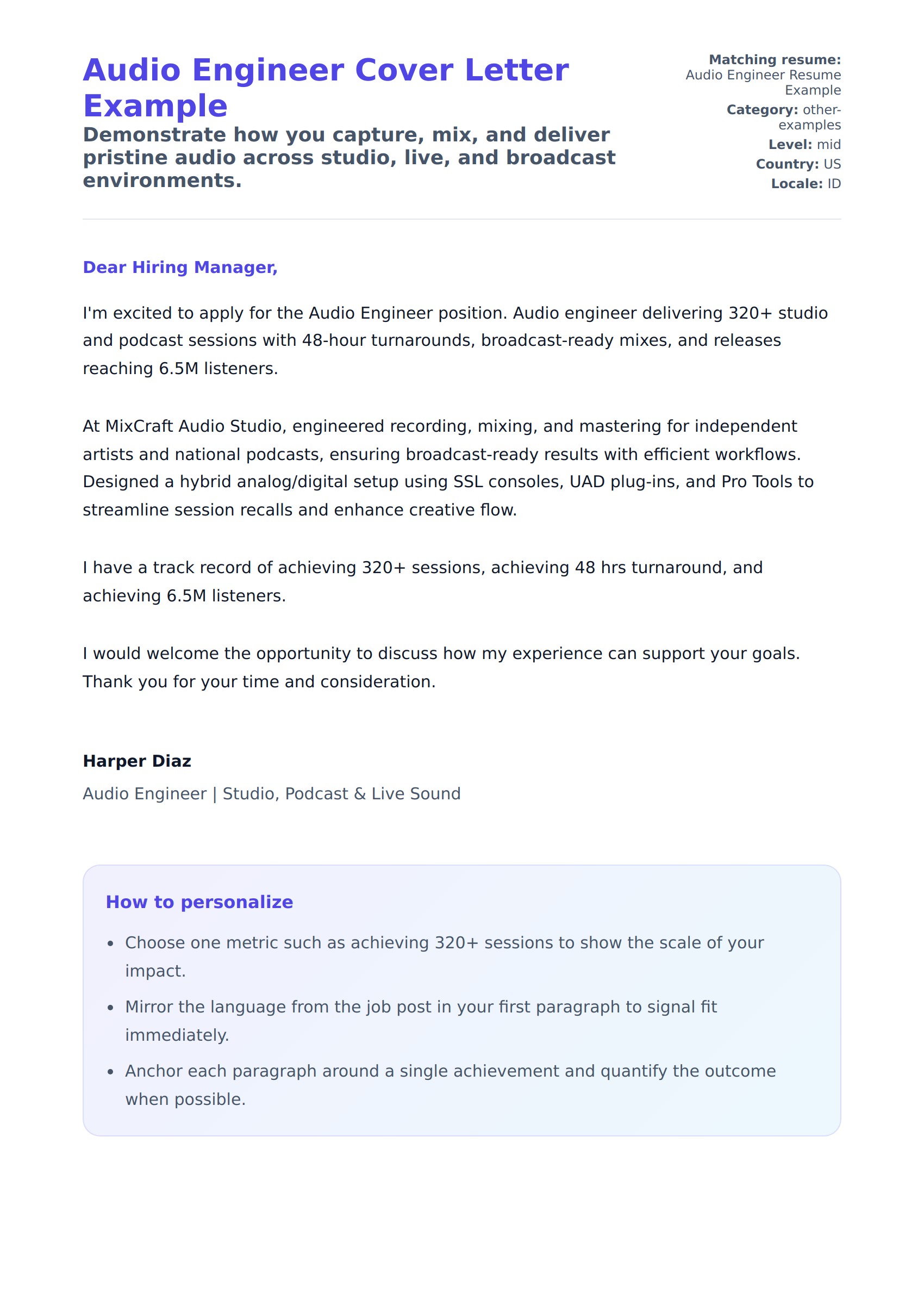 Cover Letter preview for Audio Engineer Cover Letter Example