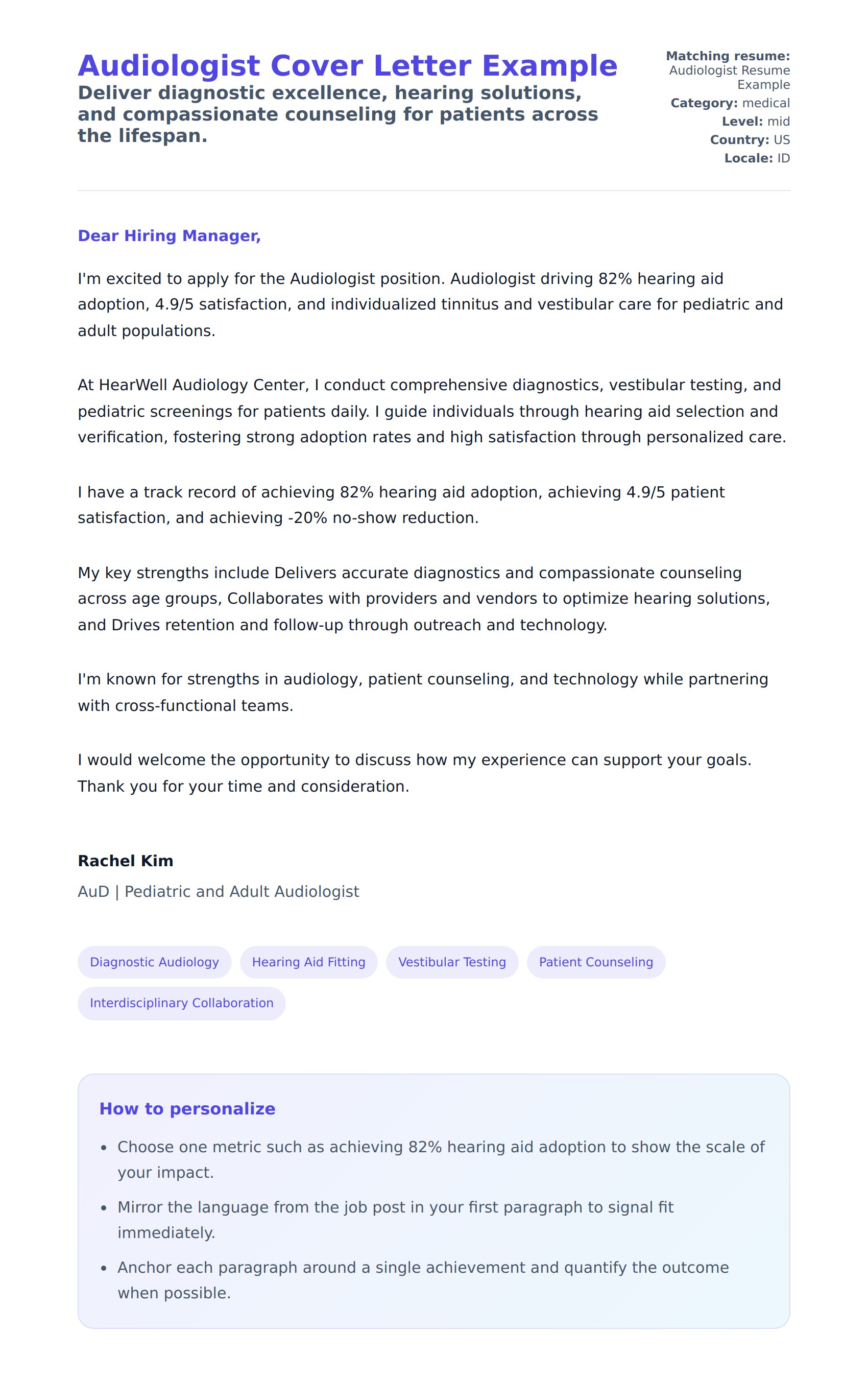 Cover Letter preview for Audiologist Cover Letter Example