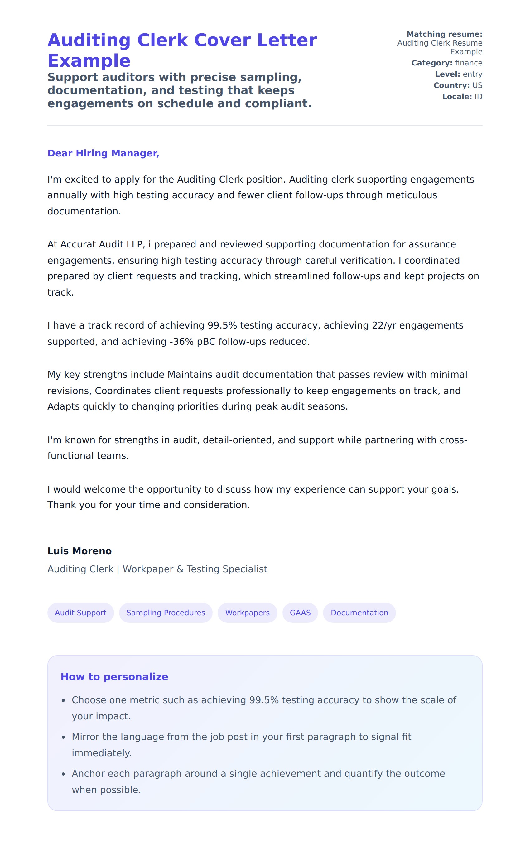 Cover Letter preview for Auditing Clerk Cover Letter Example