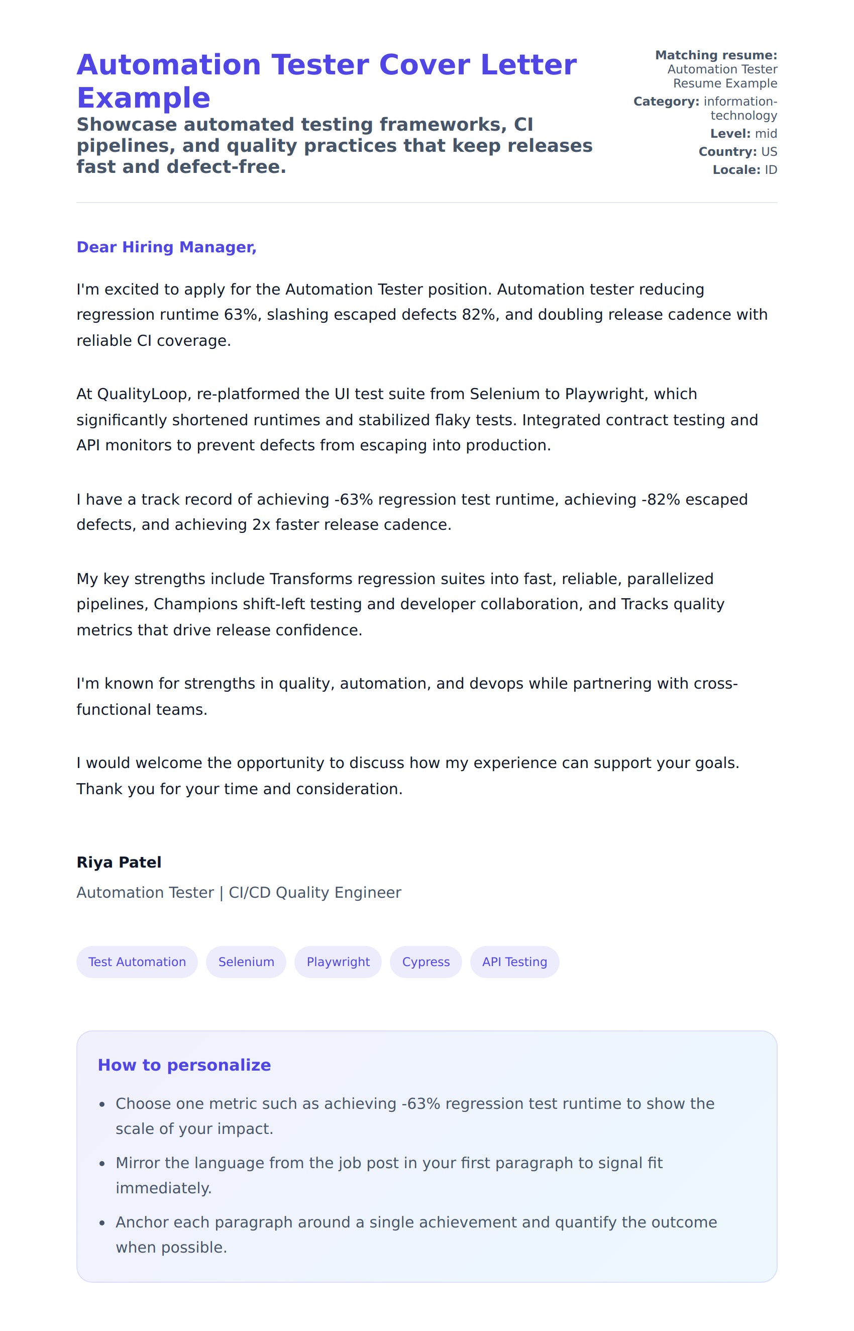 Cover Letter preview for Automation Tester Cover Letter Example