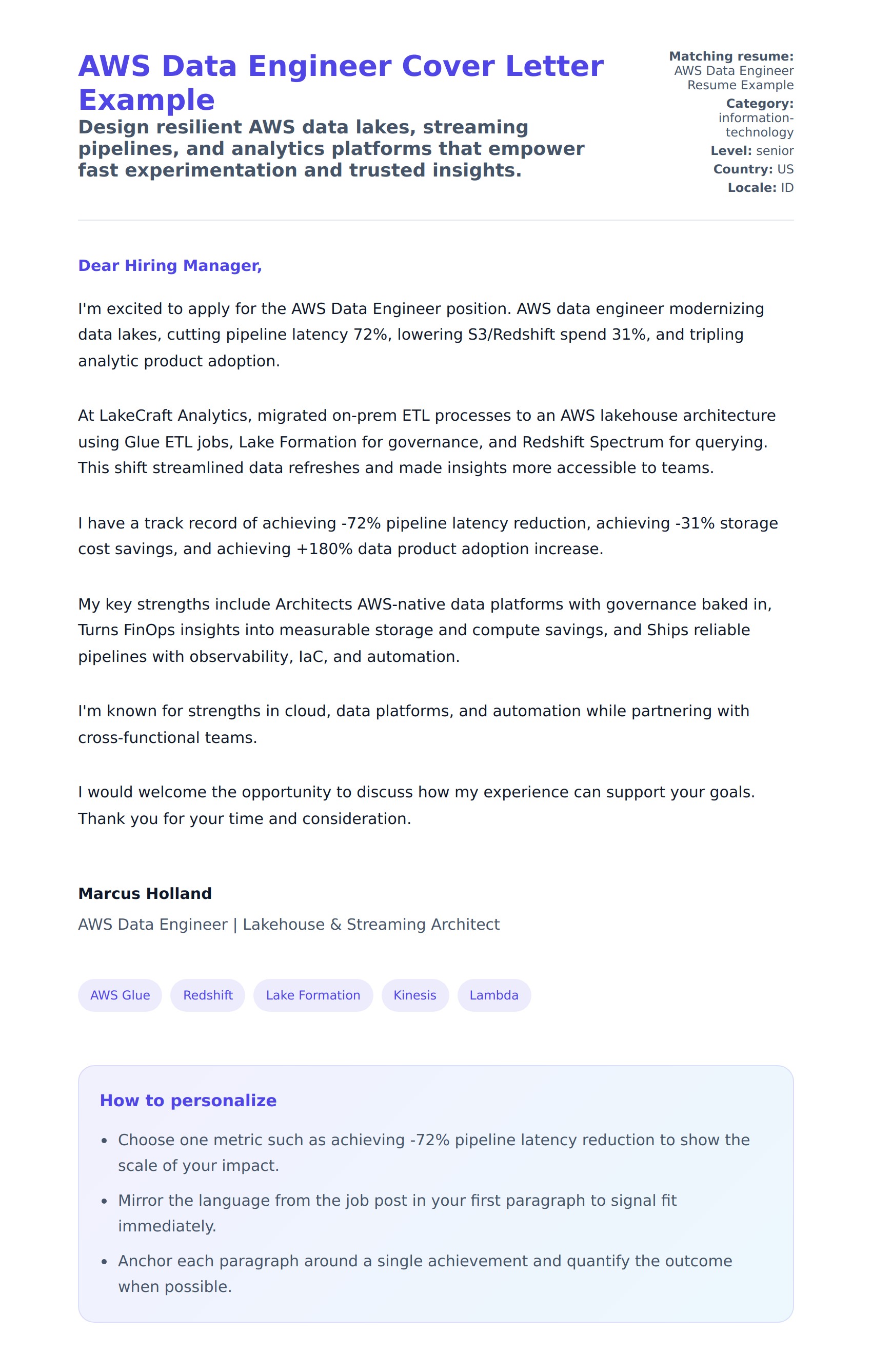 Cover Letter preview for AWS Data Engineer Cover Letter Example