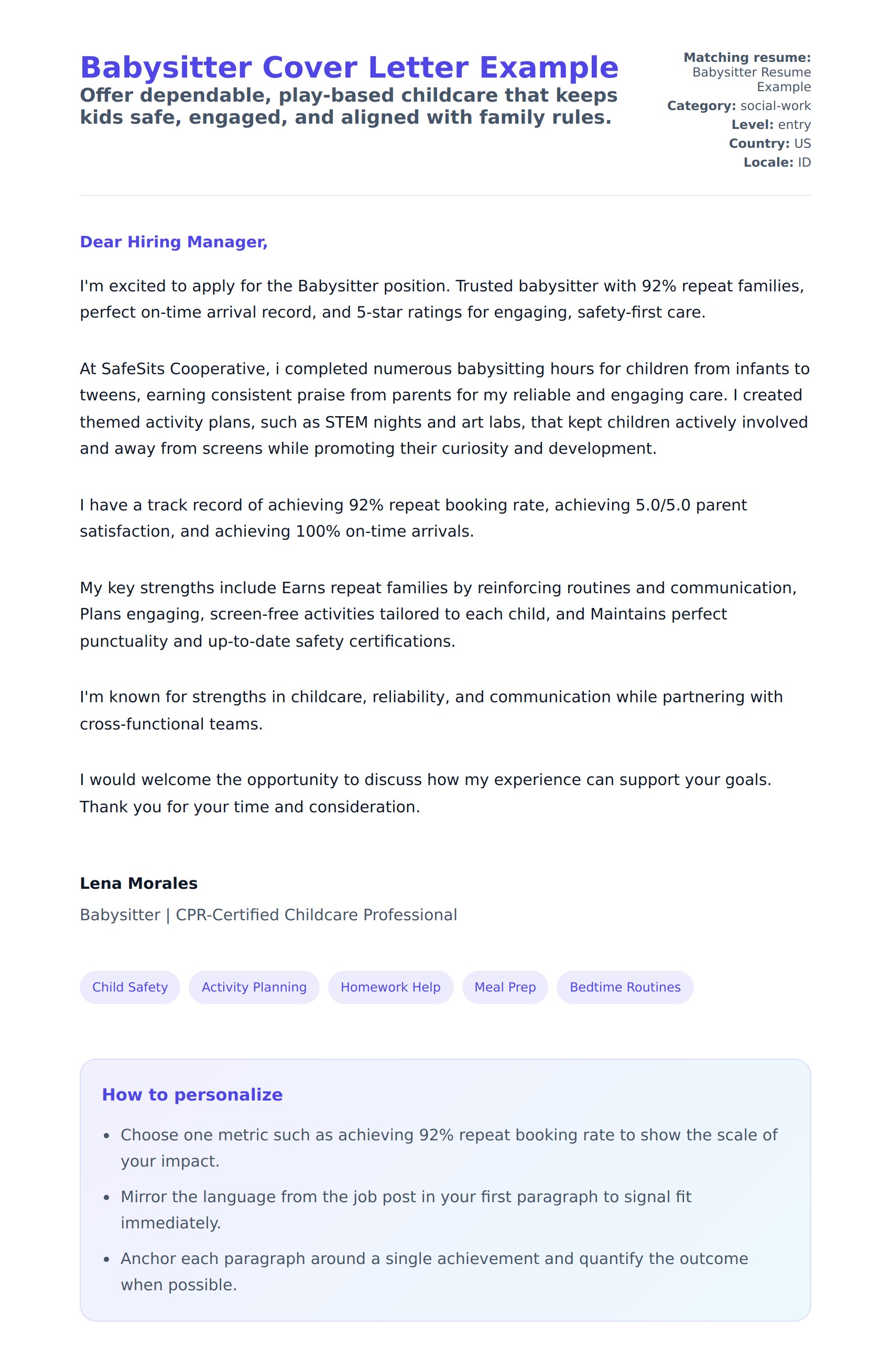 Babysitter Cover Letter Example