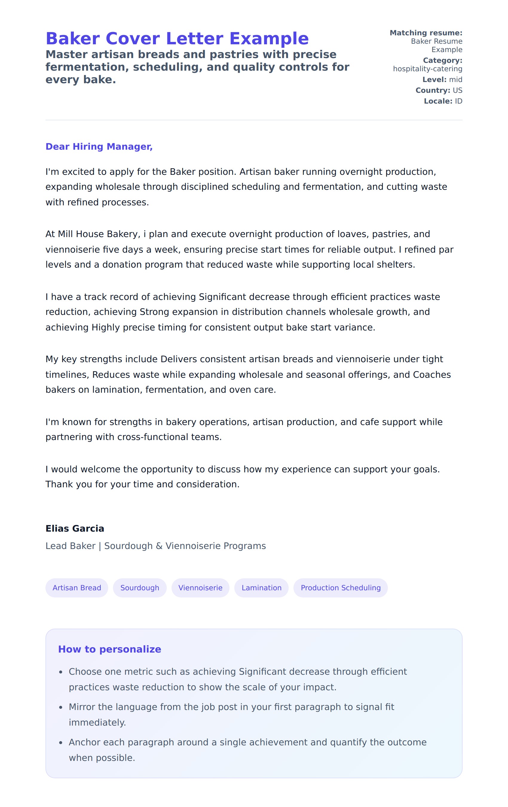 Baker Cover Letter Example