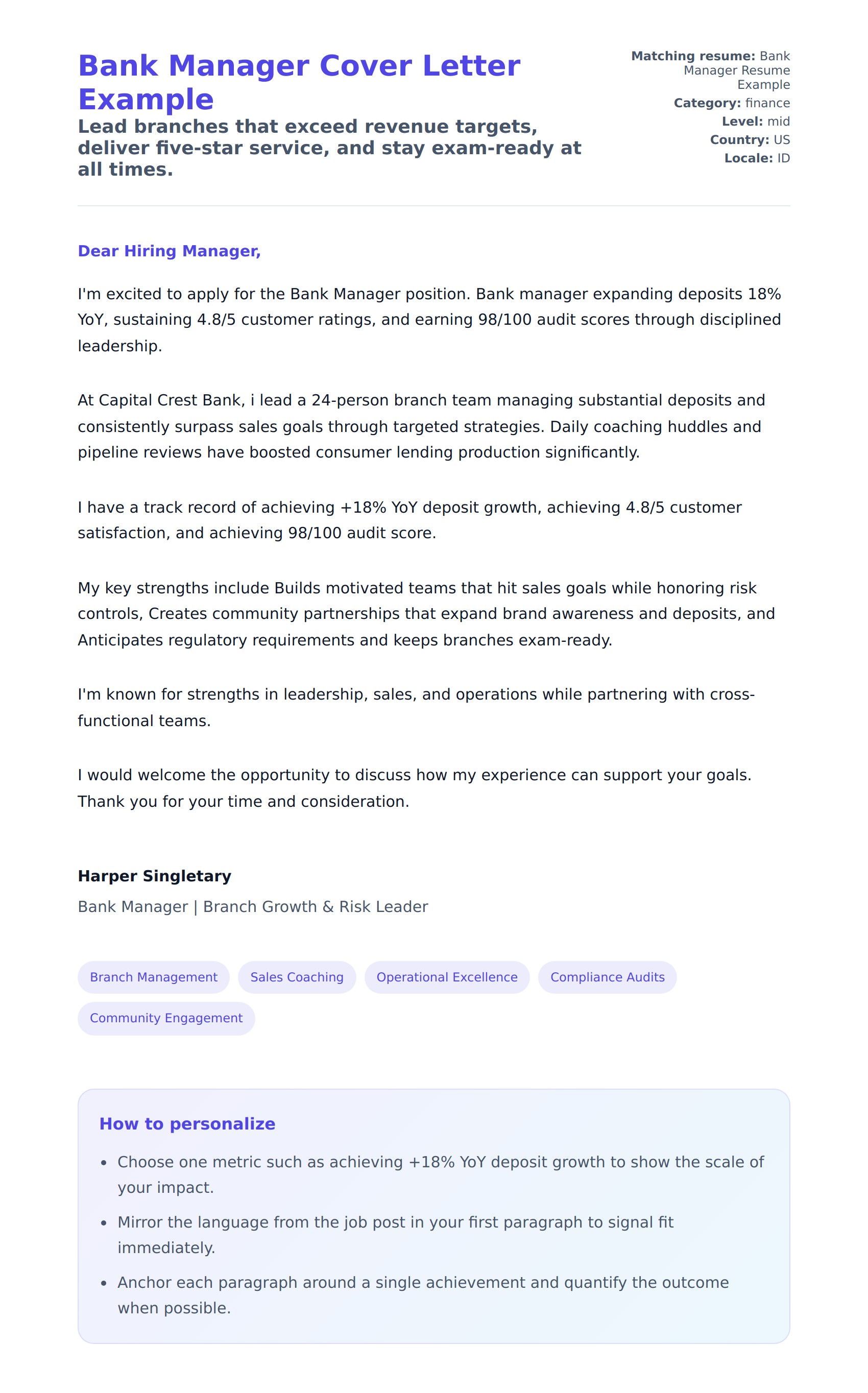 Cover Letter preview for Bank Manager Cover Letter Example