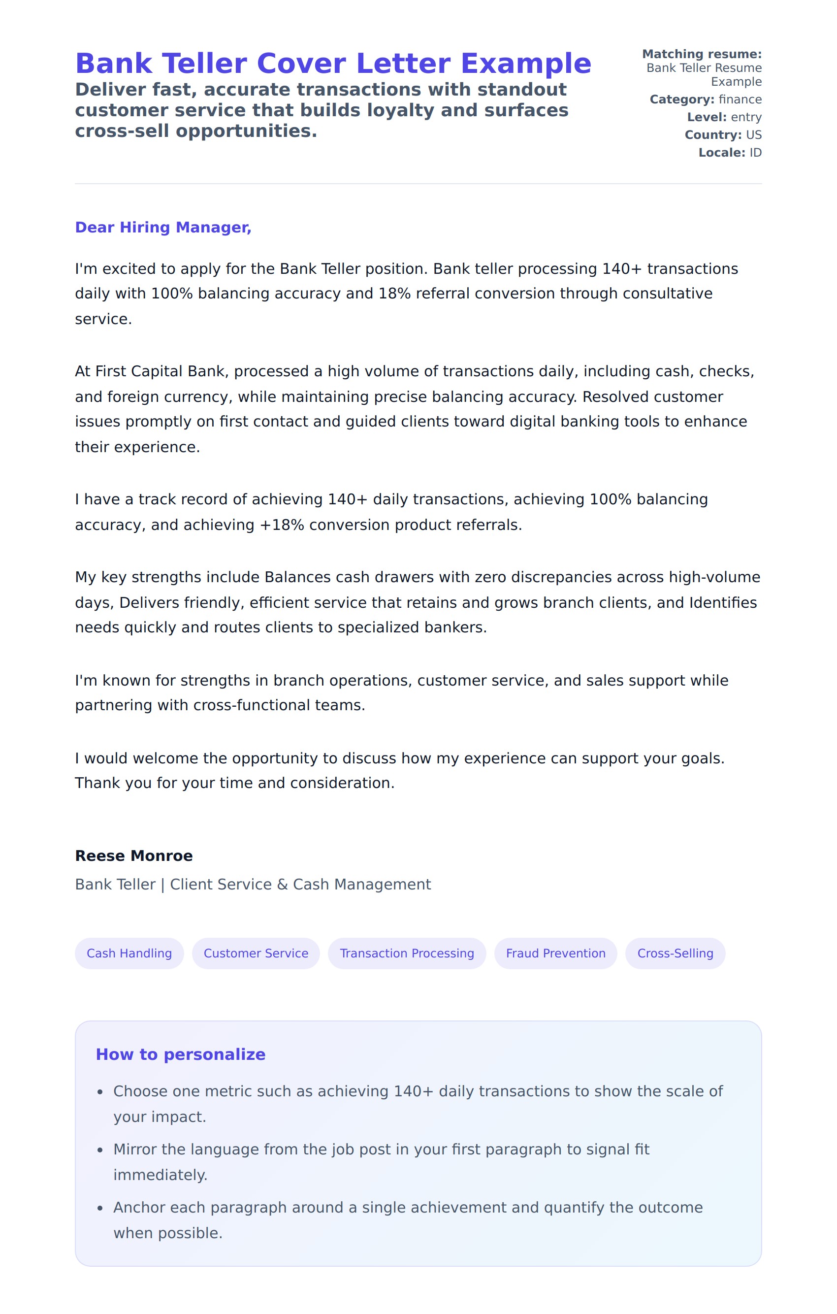 Bank Teller Cover Letter Example