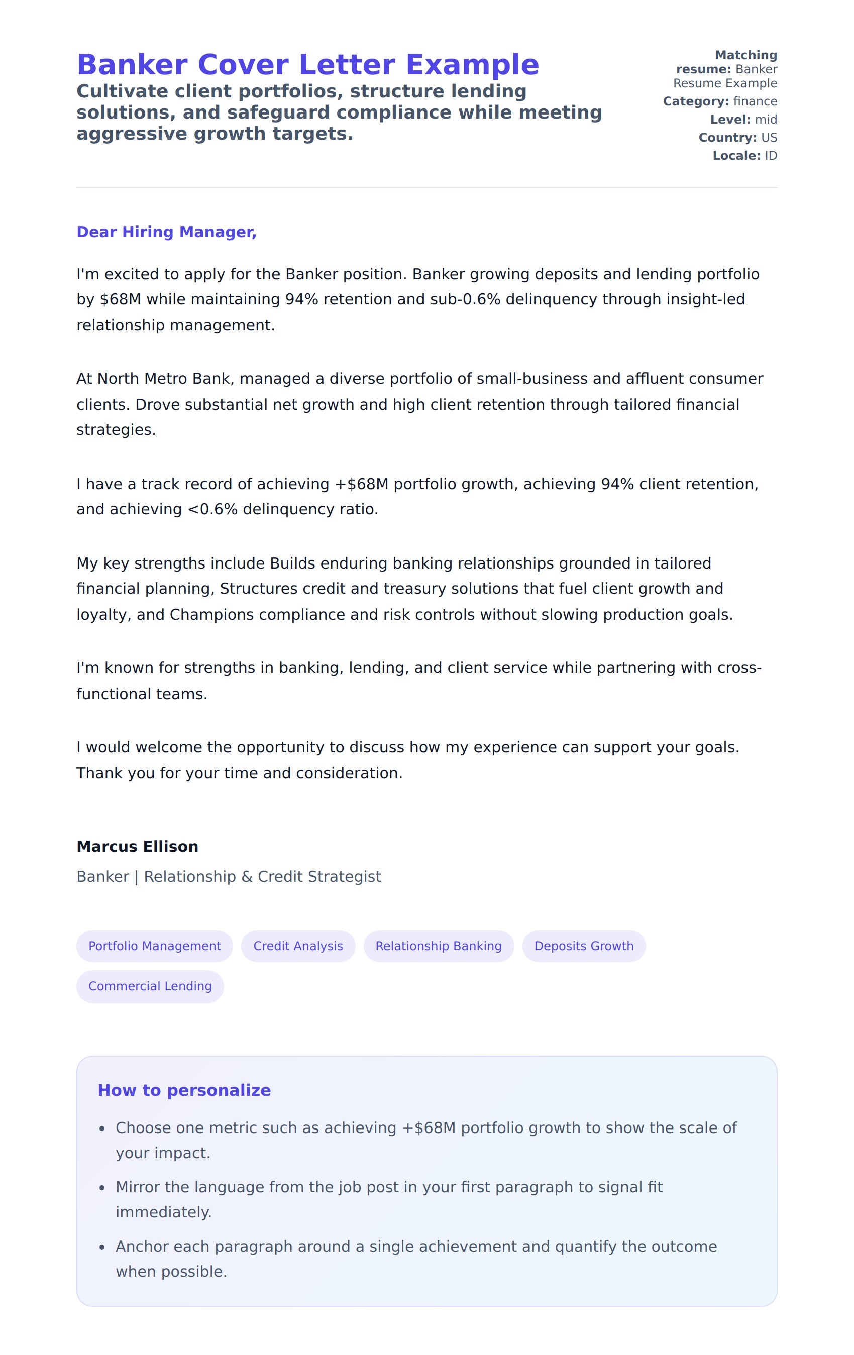 Banker Cover Letter Example