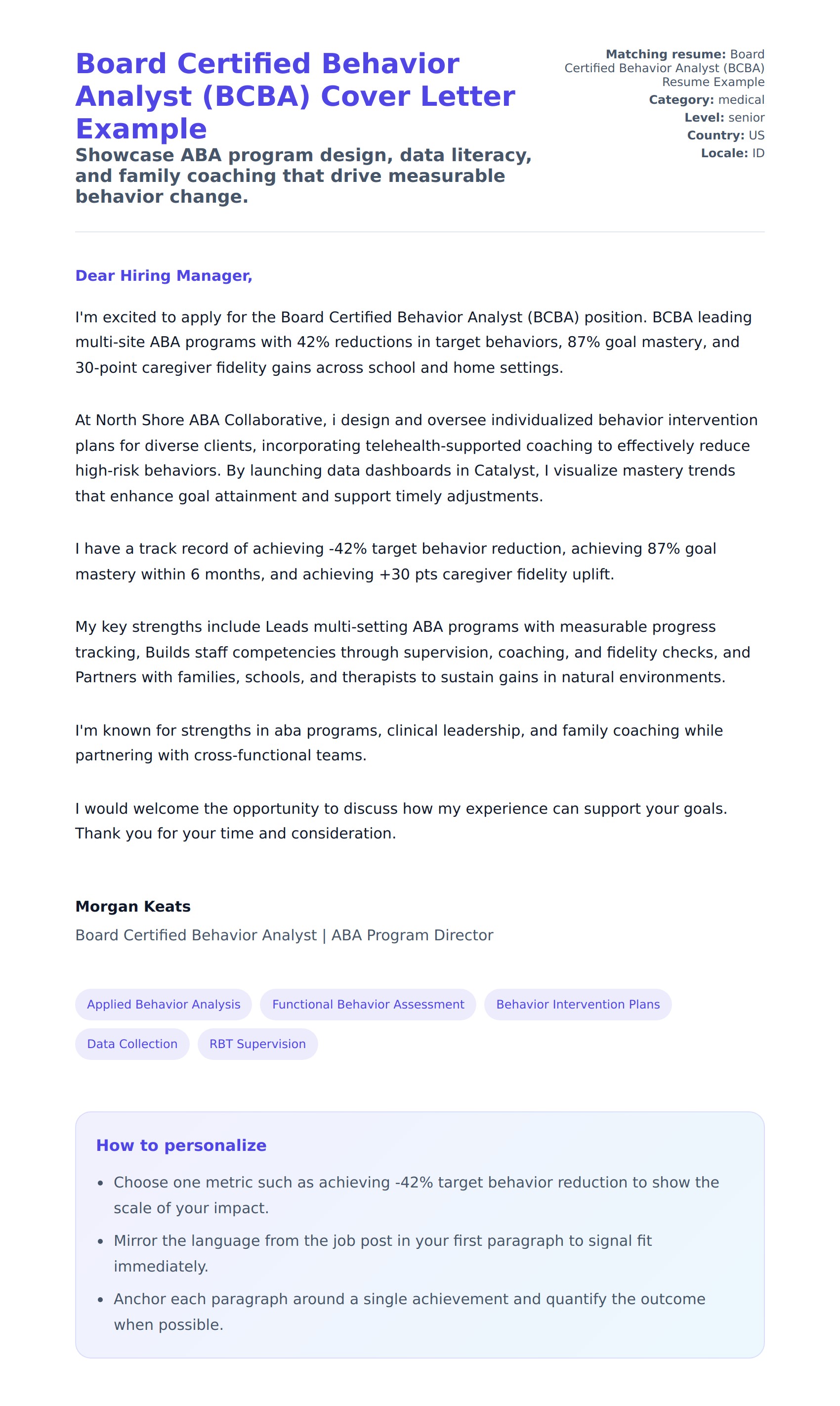 Cover Letter preview for Board Certified Behavior Analyst (BCBA) Cover Letter Example