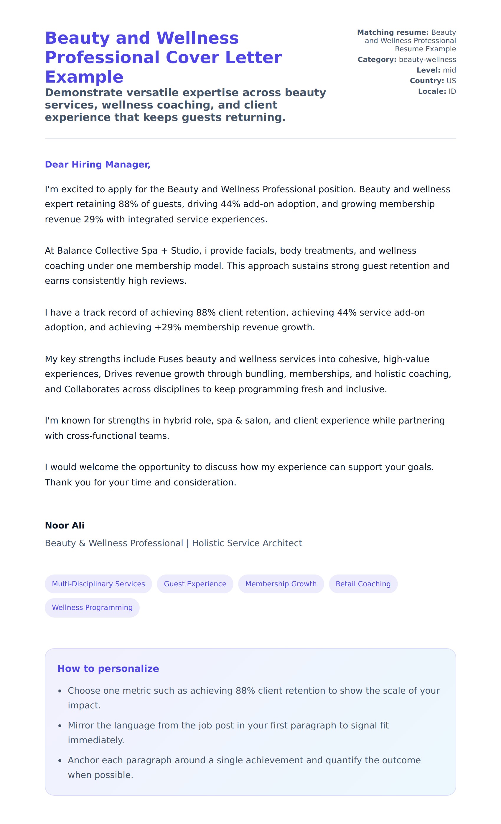 Beauty and Wellness Professional Cover Letter Example
