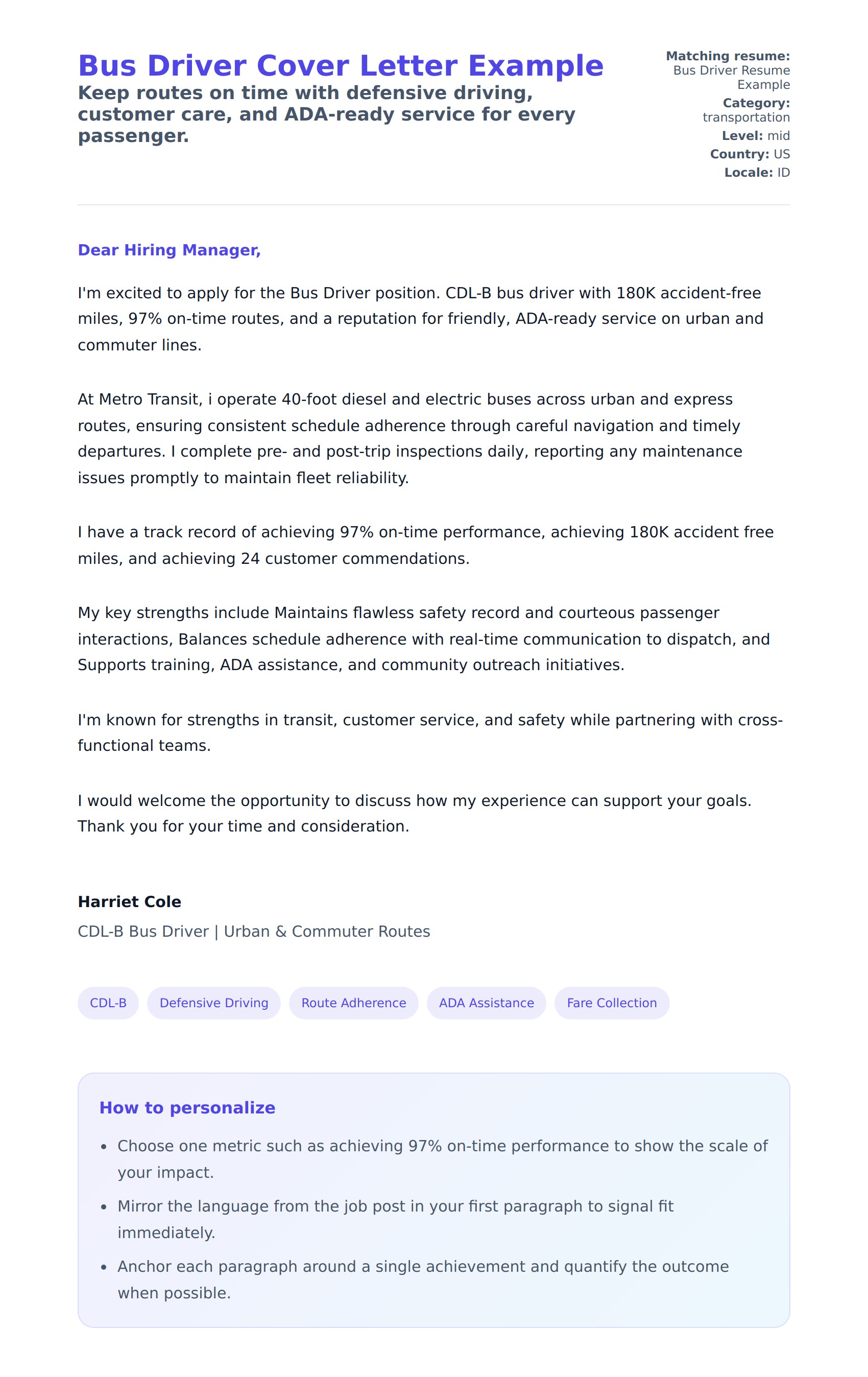 Bus Driver Cover Letter Example