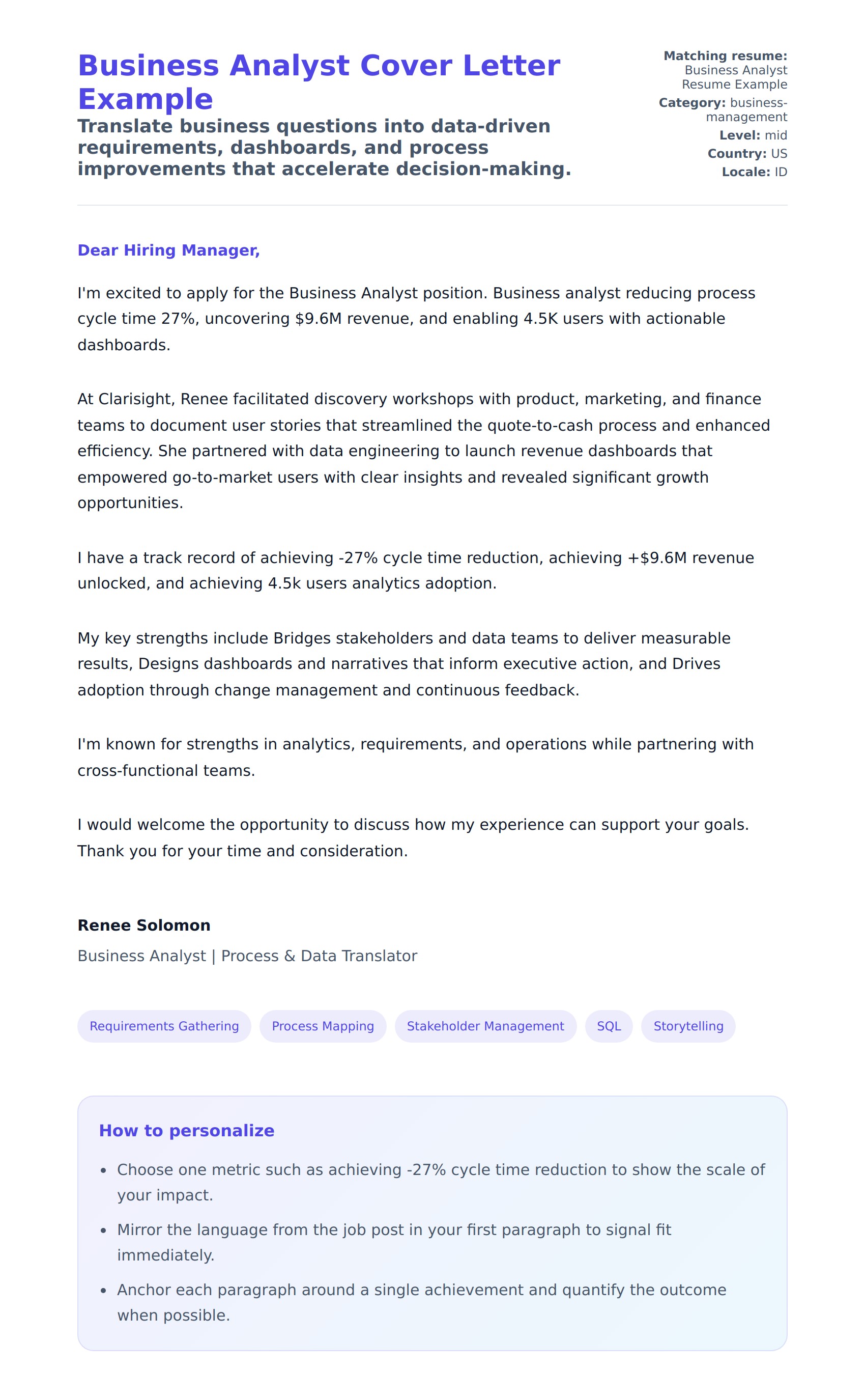 Cover Letter preview for Business Analyst Cover Letter Example