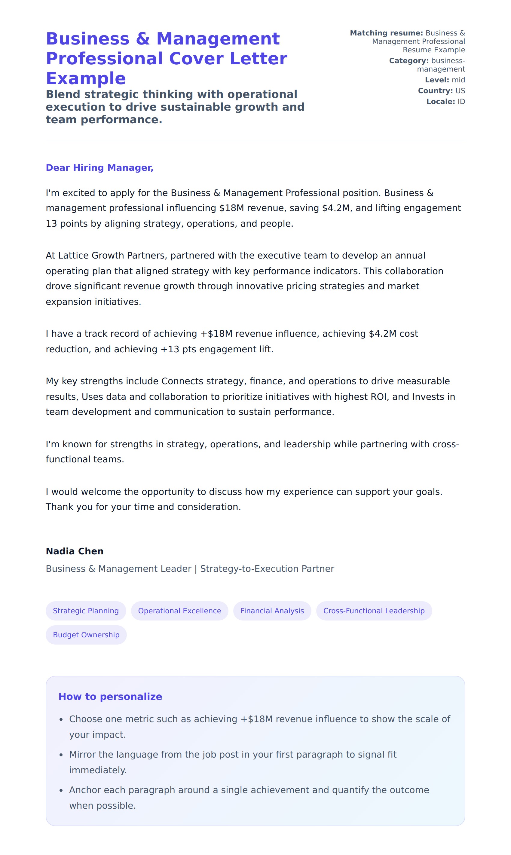 Cover Letter preview for Business & Management Professional Cover Letter Example