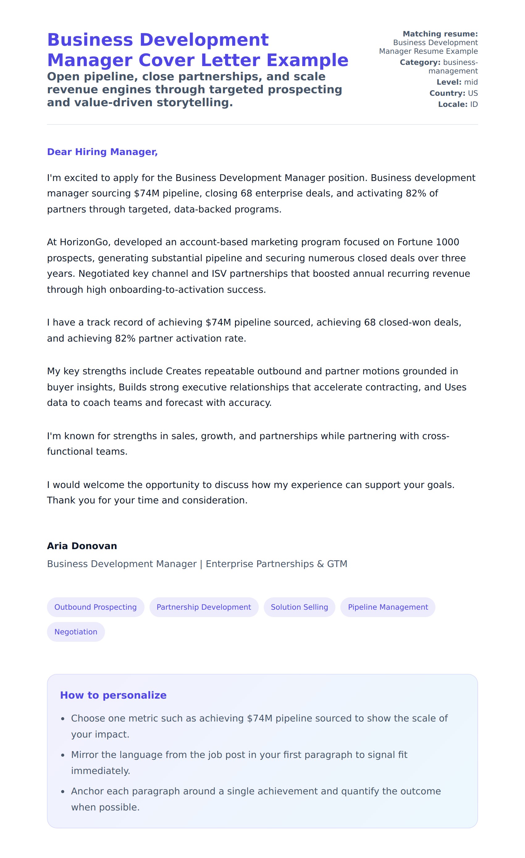 Cover Letter preview for Business Development Manager Cover Letter Example