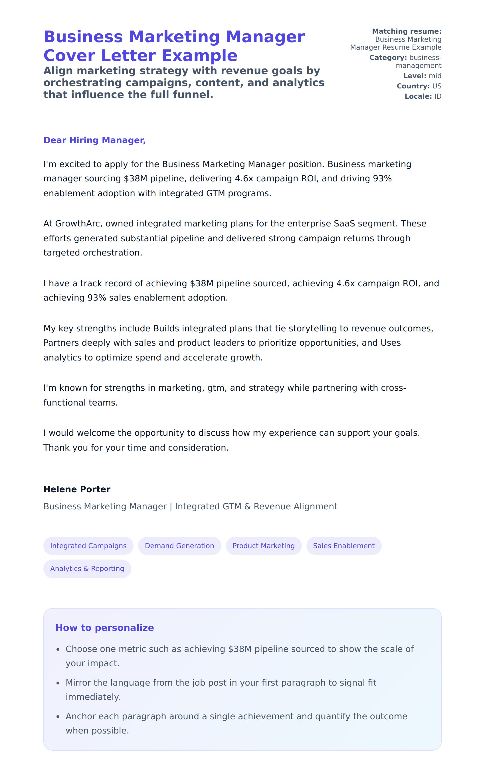 Cover Letter preview for Business Marketing Manager Cover Letter Example