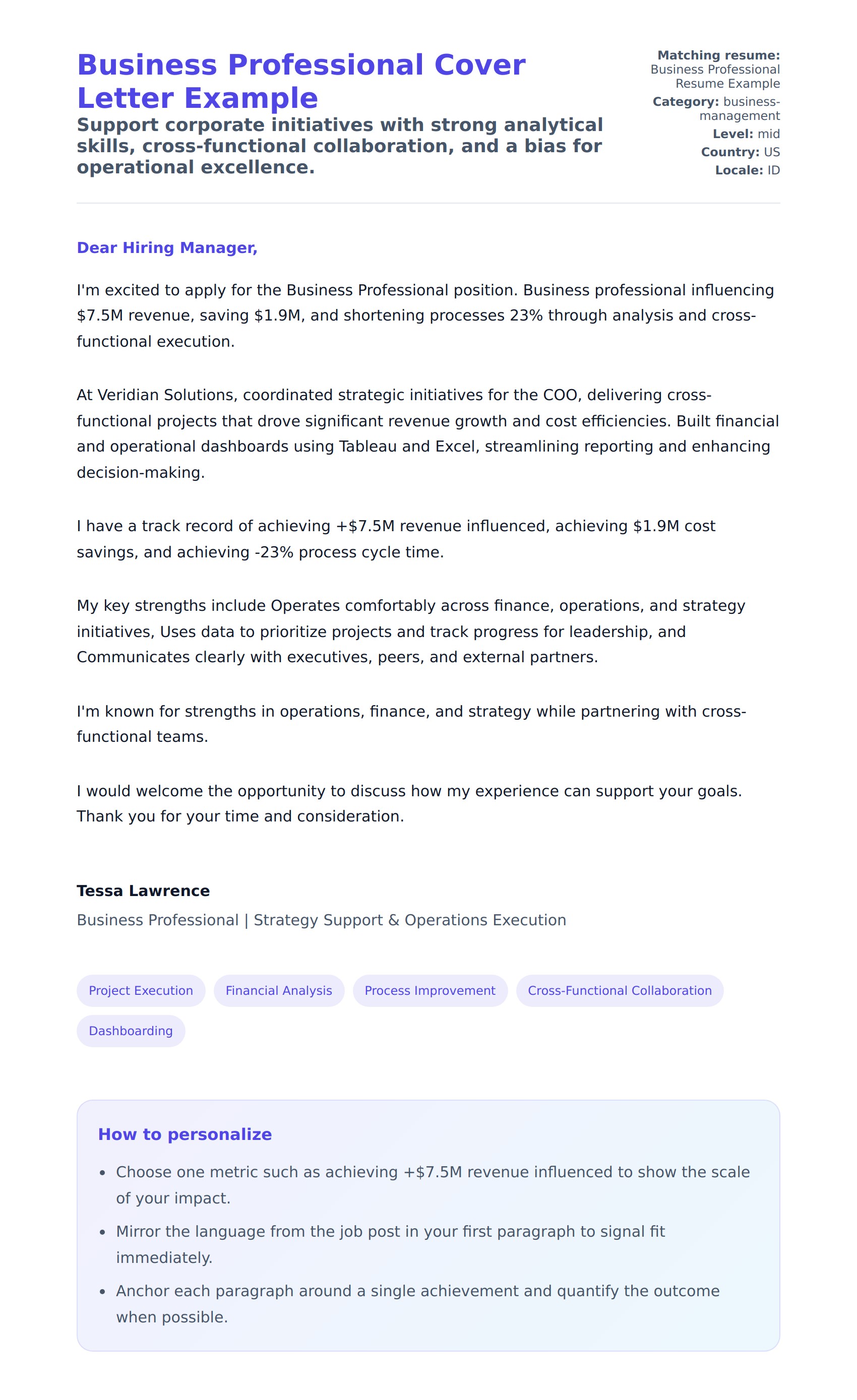 Cover Letter preview for Business Professional Cover Letter Example