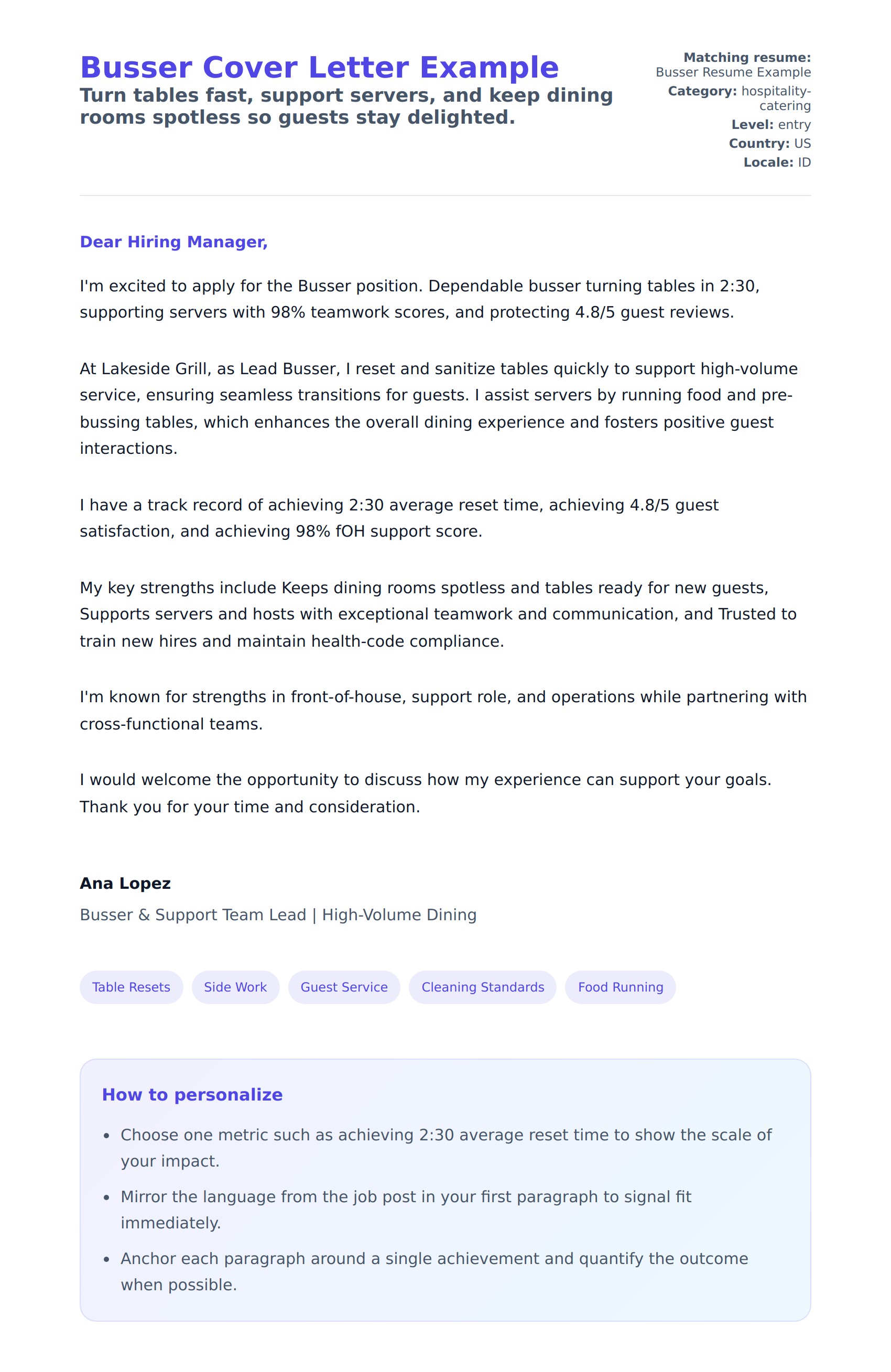Busser Cover Letter Example