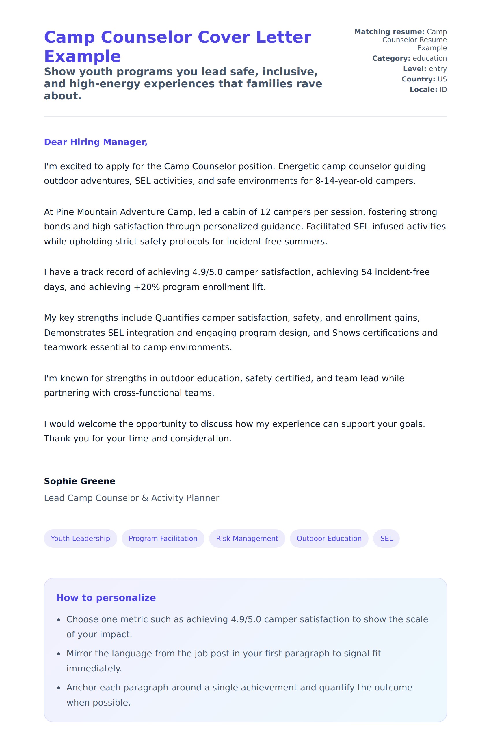 Cover Letter preview for Camp Counselor Cover Letter Example